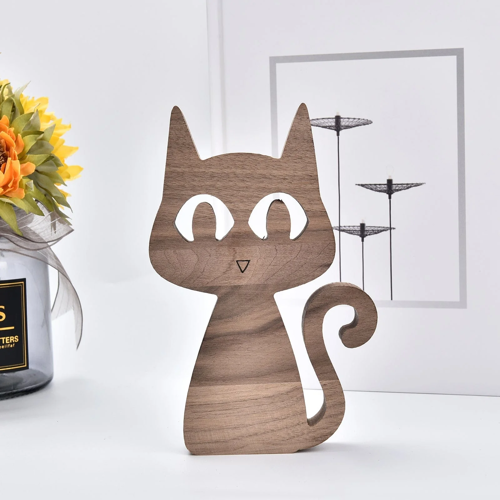 A Woman Sit With Cat Wood Sculpture N304 HN590 - Image 8