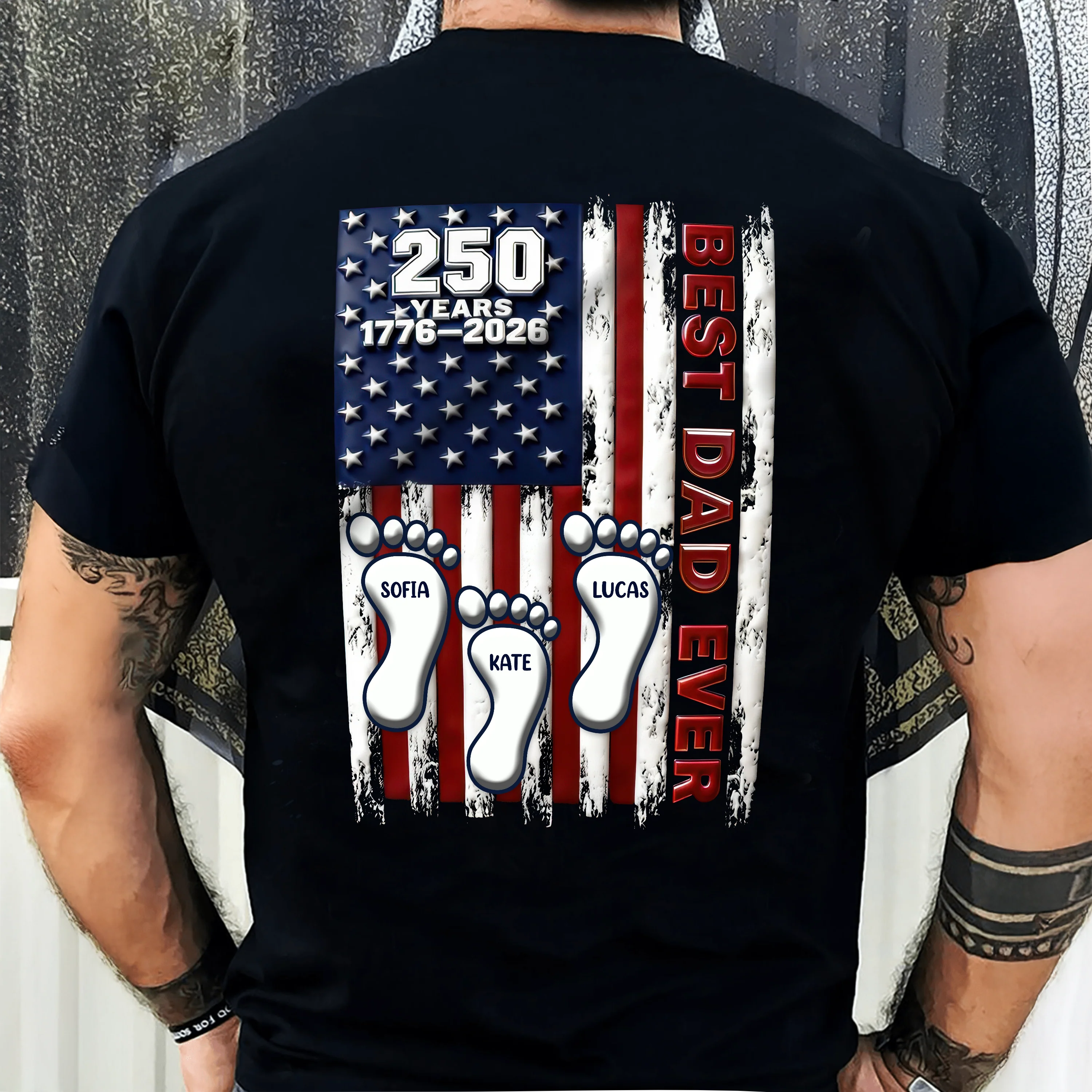 Best Dad Ever USA 250 Years Back Shirt, Custom Footprint Kids Names T-Shirt For Dad CH07 910994 - Image 2