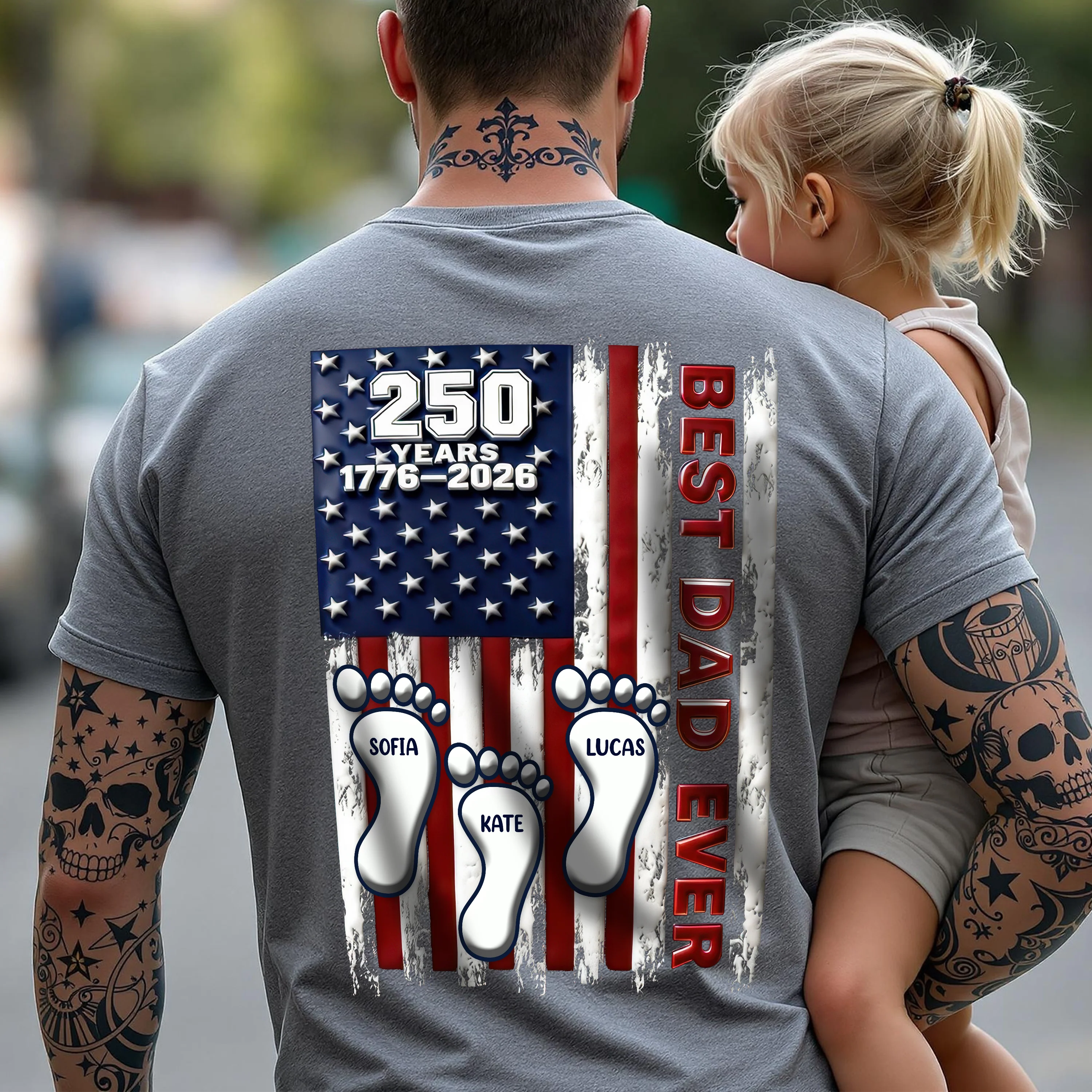 Best Dad Ever USA 250 Years Back Shirt, Custom Footprint Kids Names T-Shirt For Dad CH07 910994 - Image 6