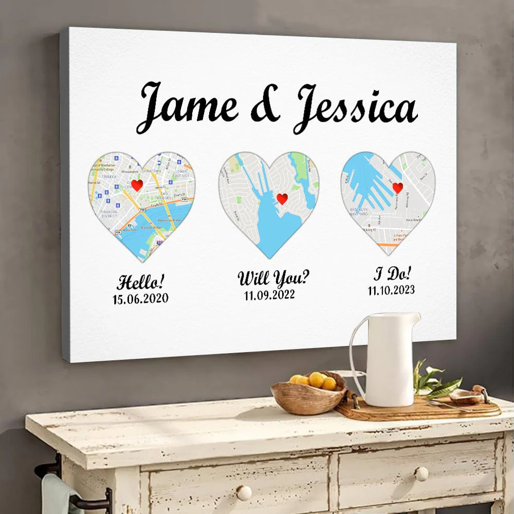 Custom 3 Map Anniversary Personalized Print Canvas T368 890129