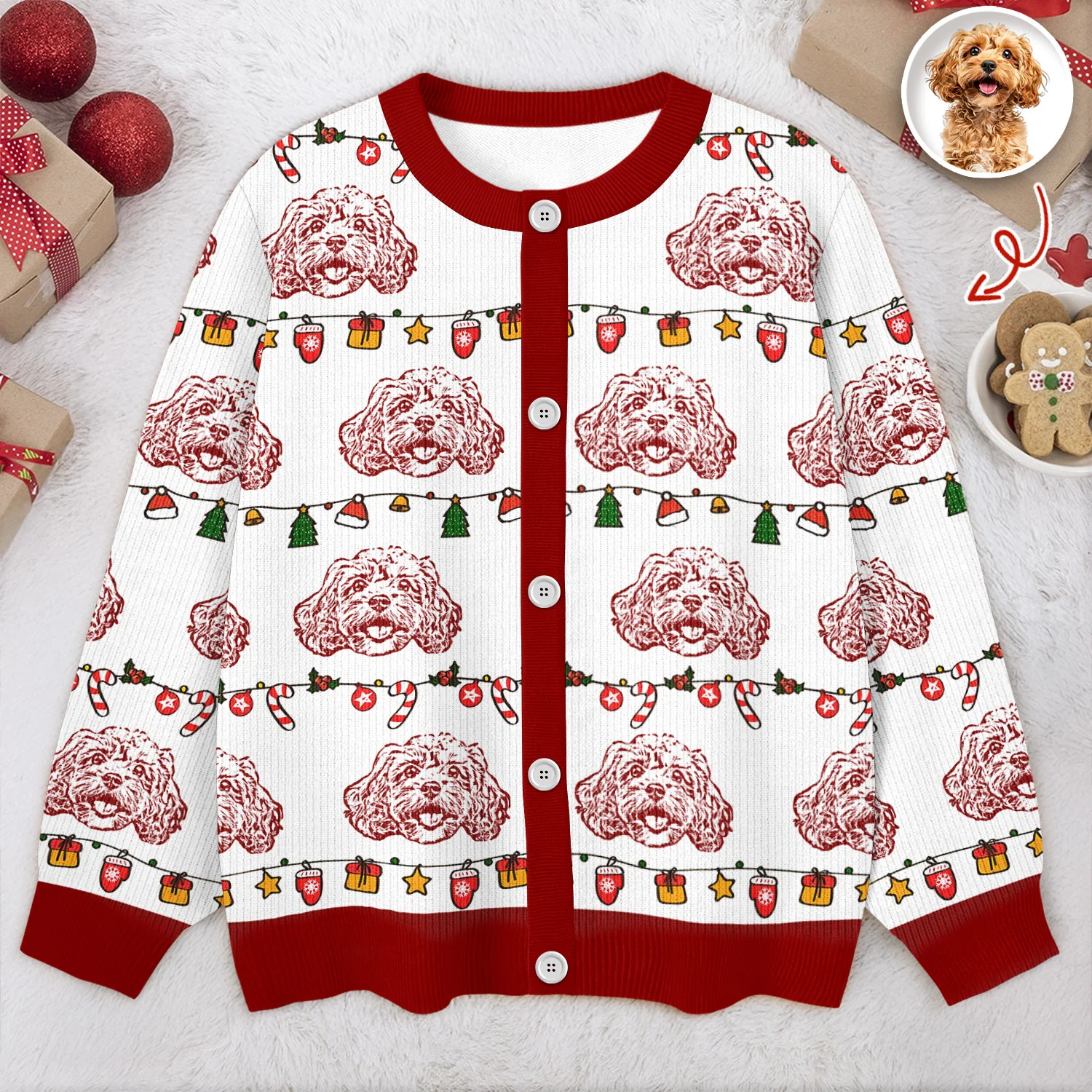 Custom Pet Photo Pencil Drawing Christmas Ugly Cardigan For Pet Lovers LM32 897133
