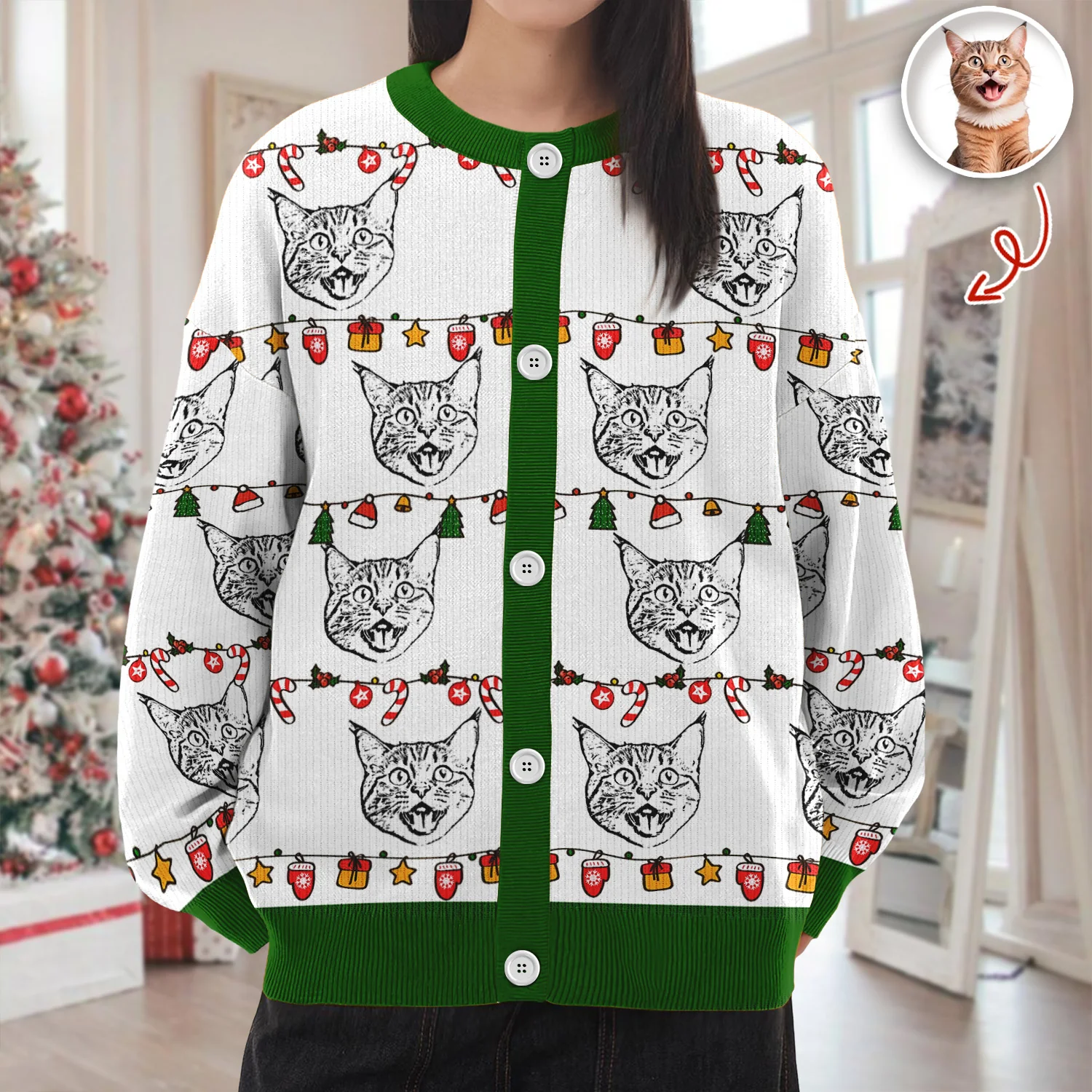 Custom Pet Photo Pencil Drawing Christmas Ugly Cardigan For Pet Lovers LM32 897133 - Image 2
