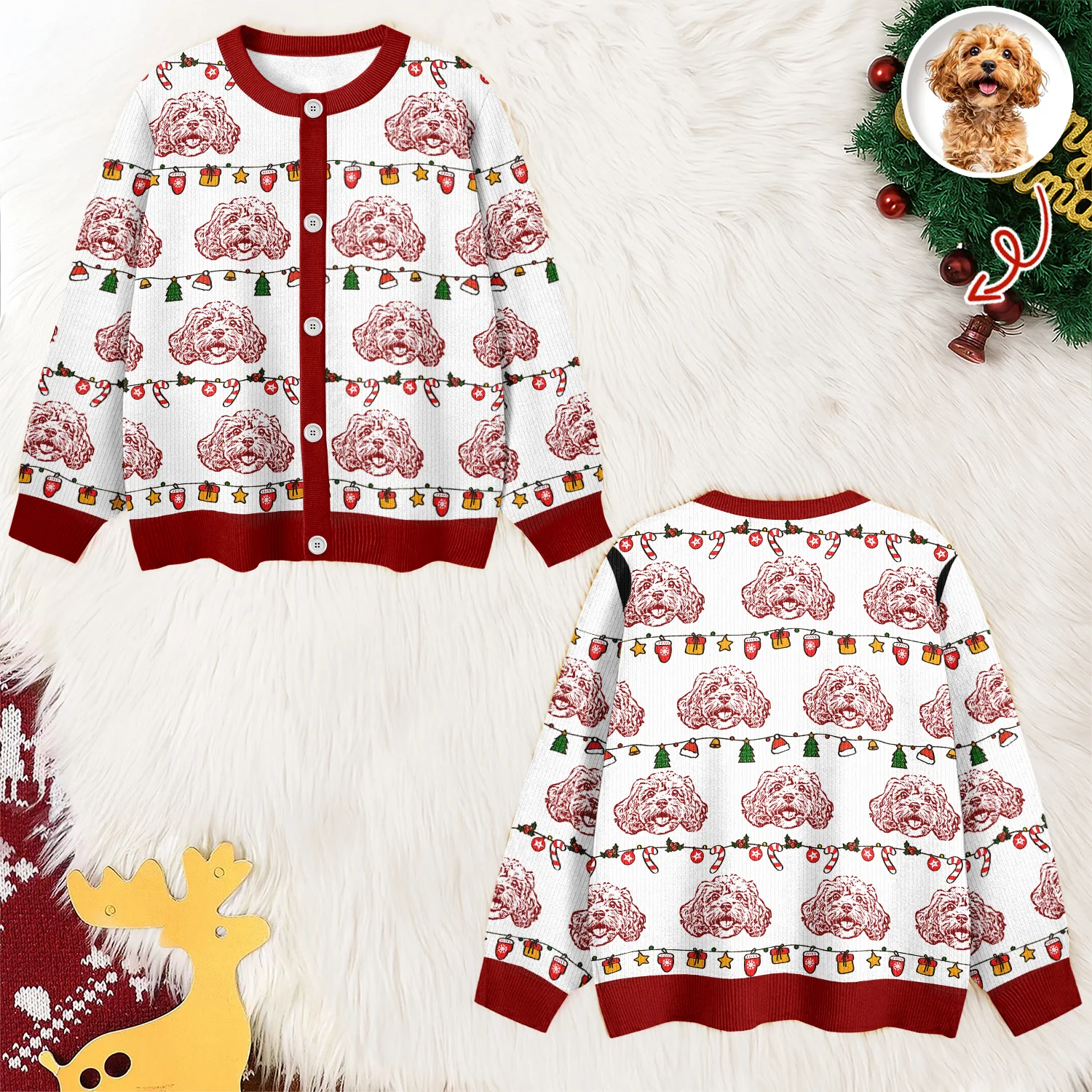 Custom Pet Photo Pencil Drawing Christmas Ugly Cardigan For Pet Lovers LM32 897133 - Image 4