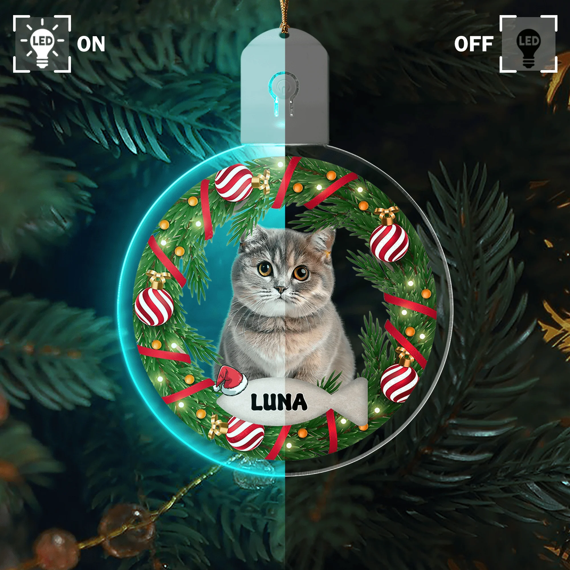 Custom Photo Cat Circle Led Acrylic Ornament For Christmas HA75 891648 - Image 2