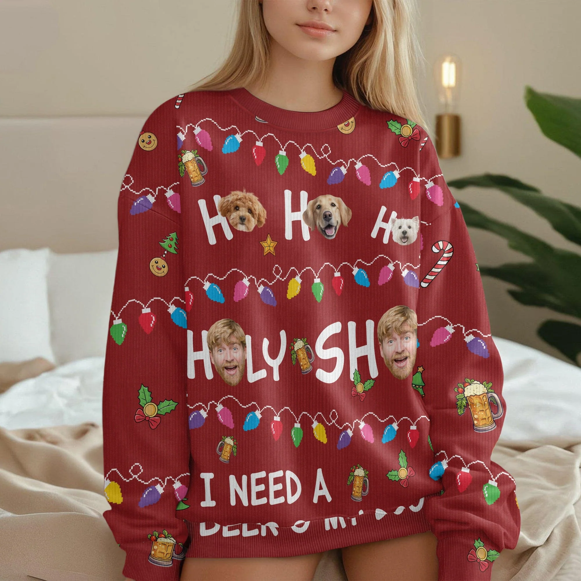 Custom Photo Ho Ho Holy I Need A Beer And My Dog Ugly Sweater N304 HA75 891554 - Image 2