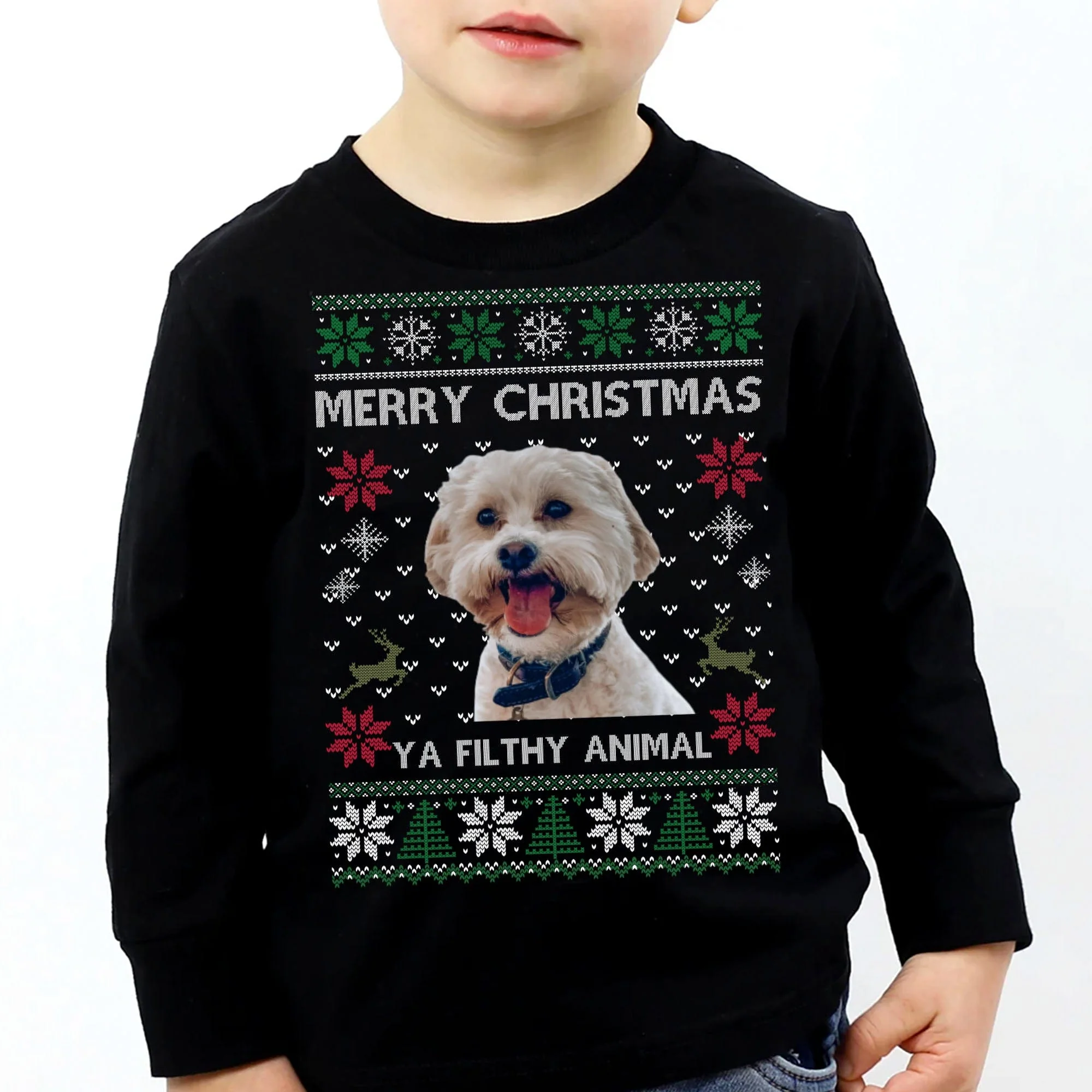 Custom Photo Ugly Christmas Ya Filthy Animal Dog Cat Sweatshirt Kids Size, Dog Lover Sweater Christmas For Kids 891655