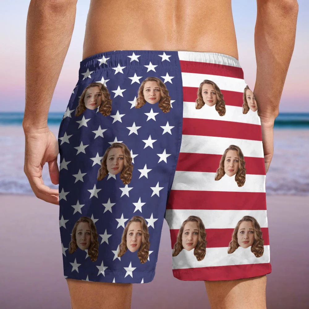 Customs Human Face Photo American Flag Men's Beach Short DA199 889186 - Image 4