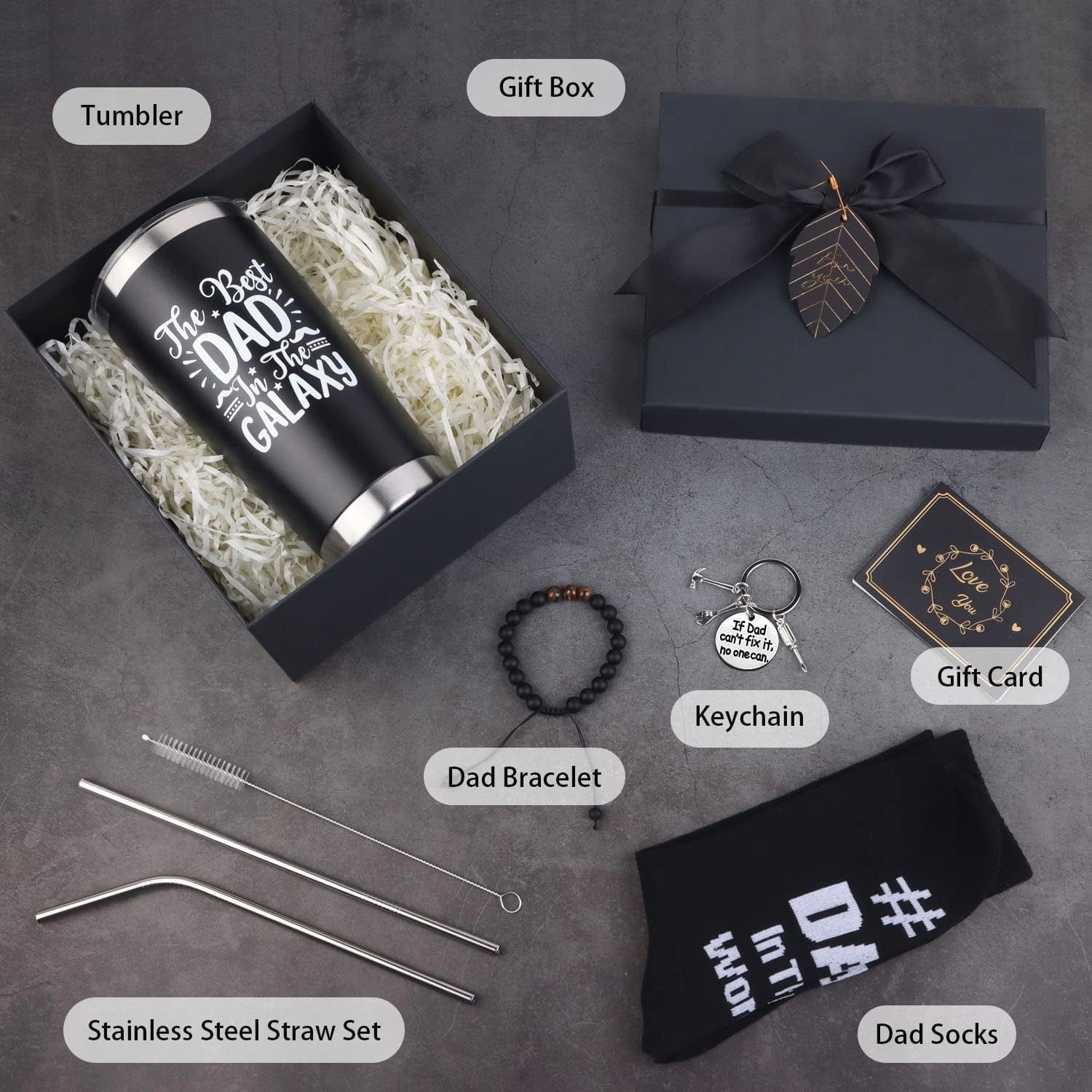 Dad Gifts, 8PCS Fathers Day Gift Includes 20Oz Tumbler with Lid Straw Brush Socks Bracelet Key Chain Thanks Card Gift Box, Best Dad Ever Gifts from Daughter Son Kids for Christmas Birthday - Image 2
