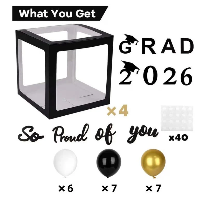 2026 Graduation Party Decoration Black Balloon Boxes with Letters 2026 Grad & So Proud of You and 20 Balloons TH10 898637 - Image 4