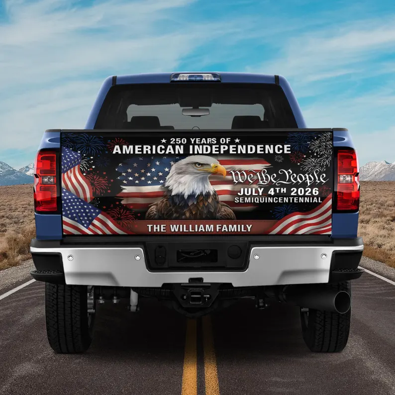 Custom 250th Anniversary Eagle American Flag Tailgate Wrap, Usa Flag Vinyl Truck Decal 4th of July, Personalized Family Name TH10 169787 - Image 2
