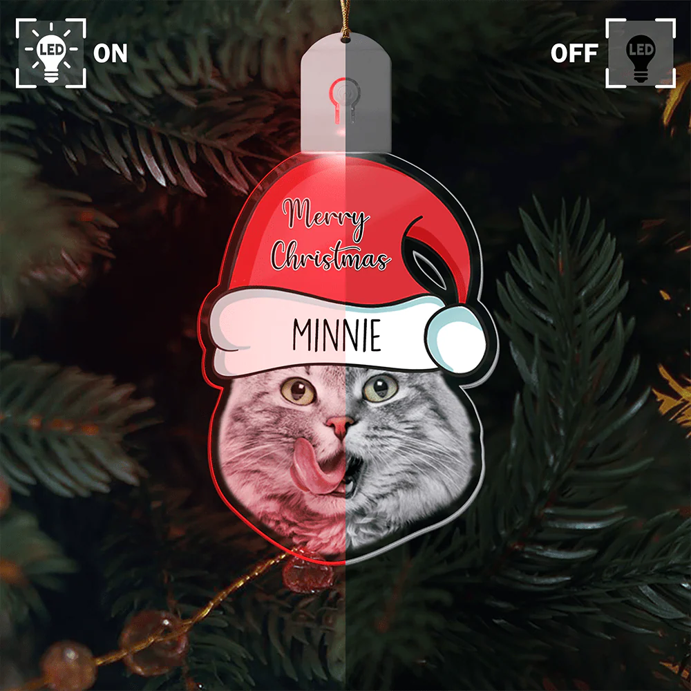 Custom Cat Face Photo With Santa Hat Christmas Acrylic LED Ornament TH10 892147