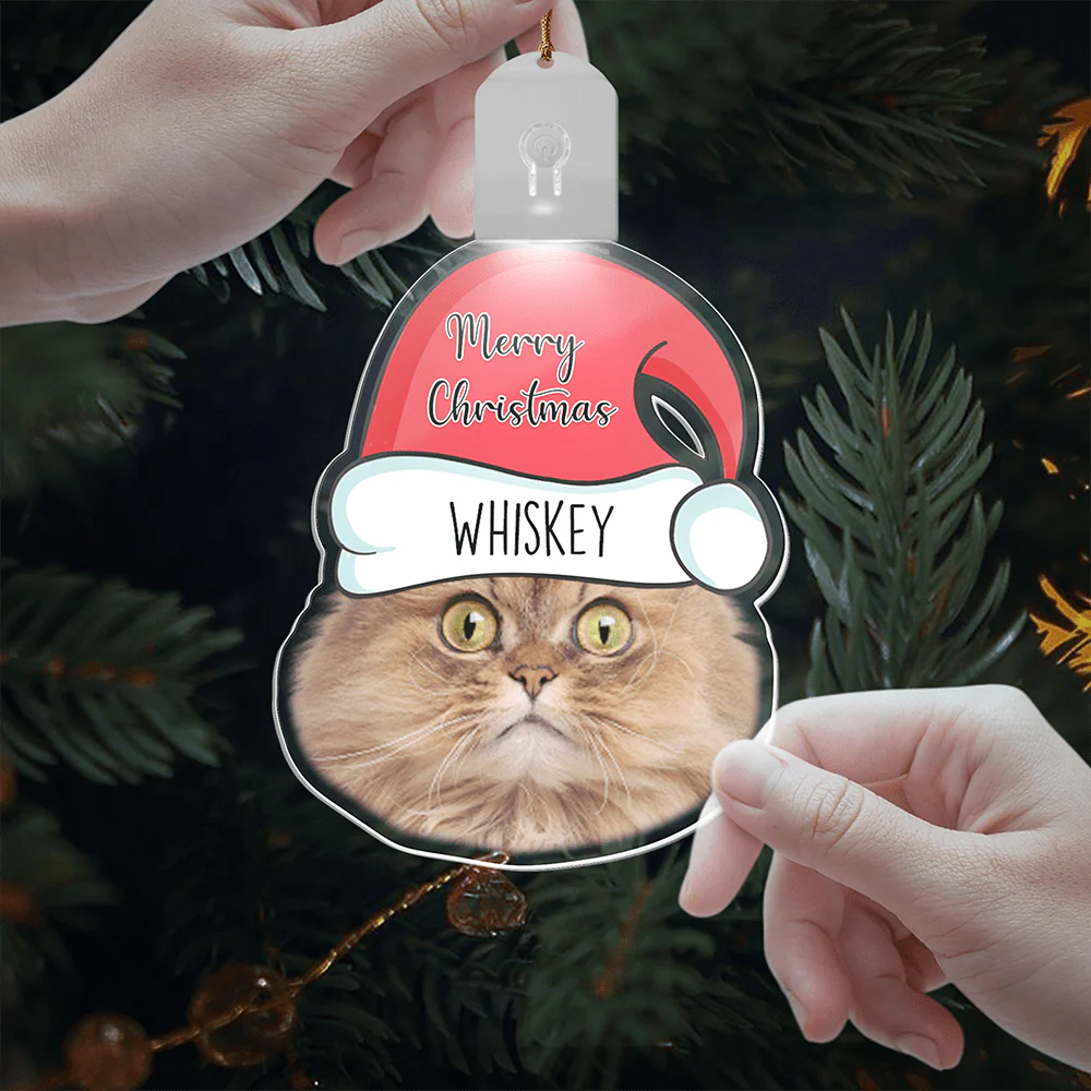 Custom Cat Face Photo With Santa Hat Christmas Acrylic LED Ornament TH10 892147 - Image 2