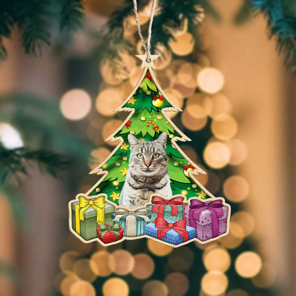 Custom Cat Photo Under Christmas Tree Wooden Ornament N304 889899