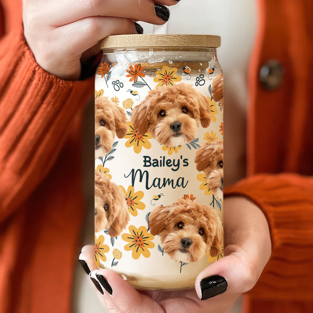 Custom Dog Photo Floral Glass Can With Lid Christmas Gift For Family TH10 896895 - Image 3
