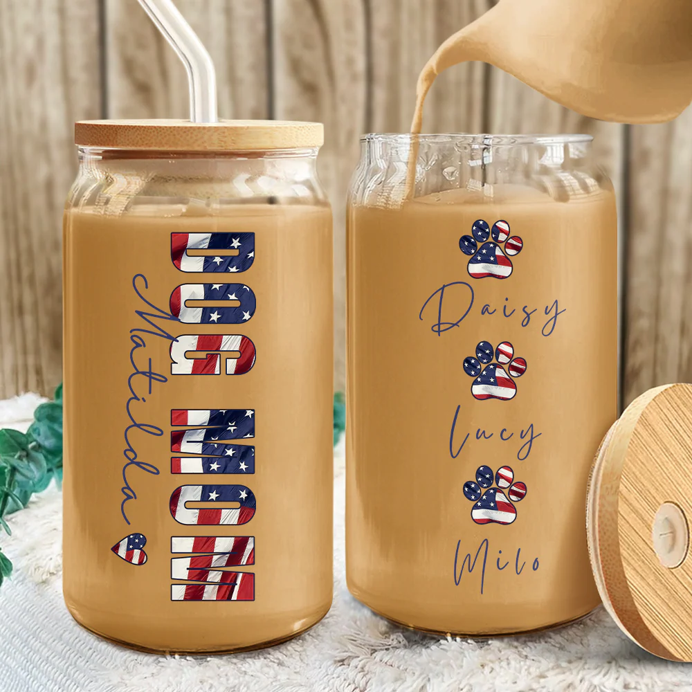 Custom Name America Dog Mom With Kid Glass Can With Lid Gift For Mom TH10 898695 - Image 2