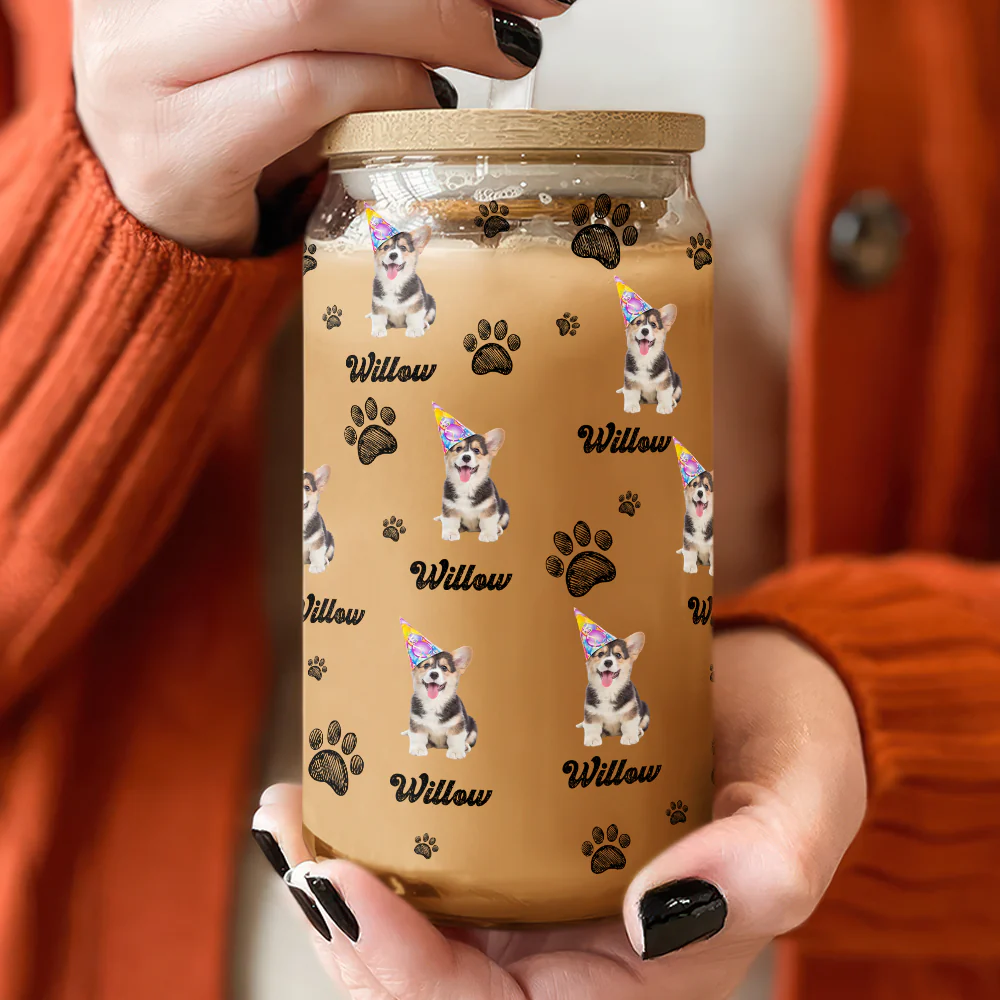Custom Photo And Name With Dog Paw Glass Can With Lid Gift for Pet Lovers TH10 896783 - Image 3