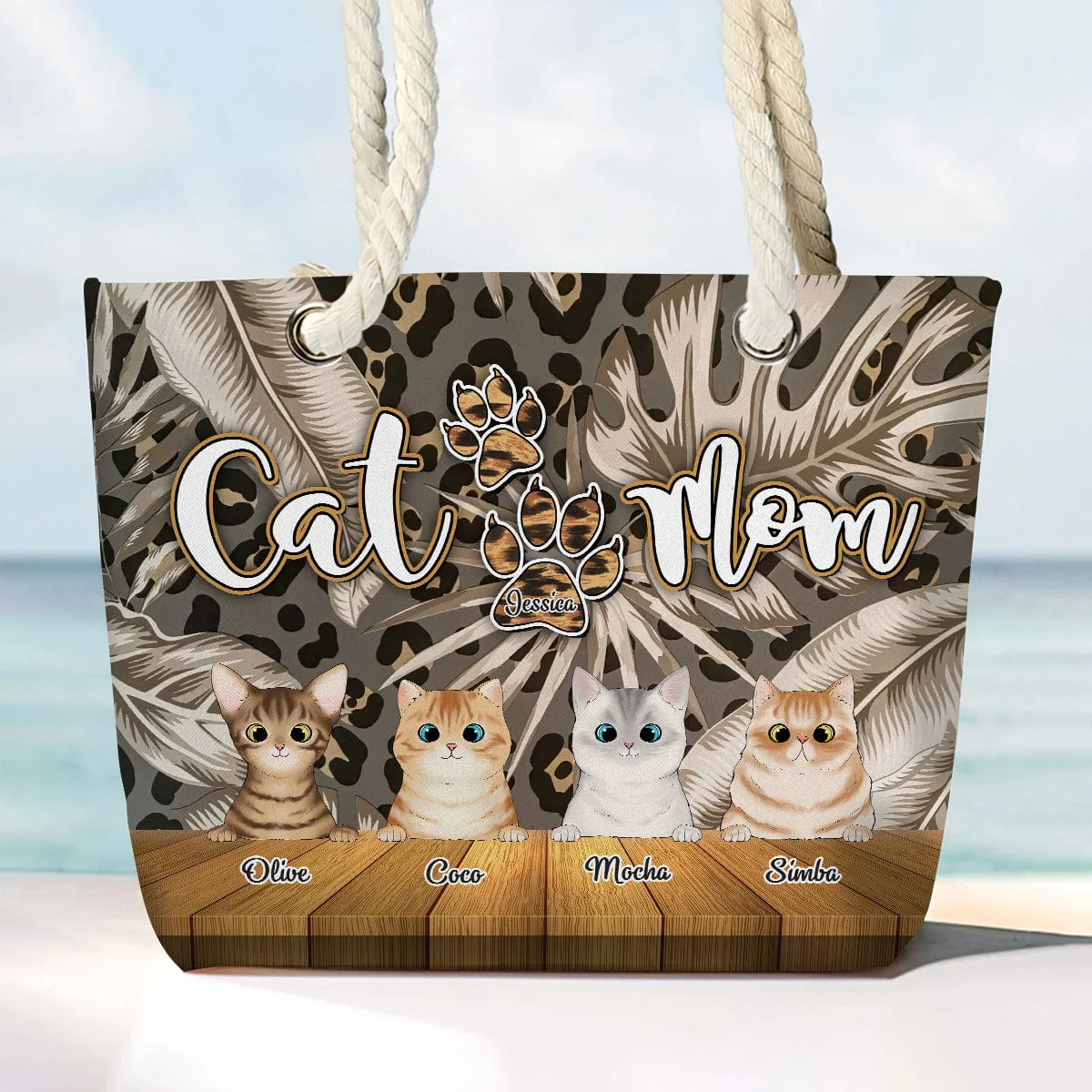 Custom Photo Cat Mom Leopard Canvas Beach Bag Bag N304 889661