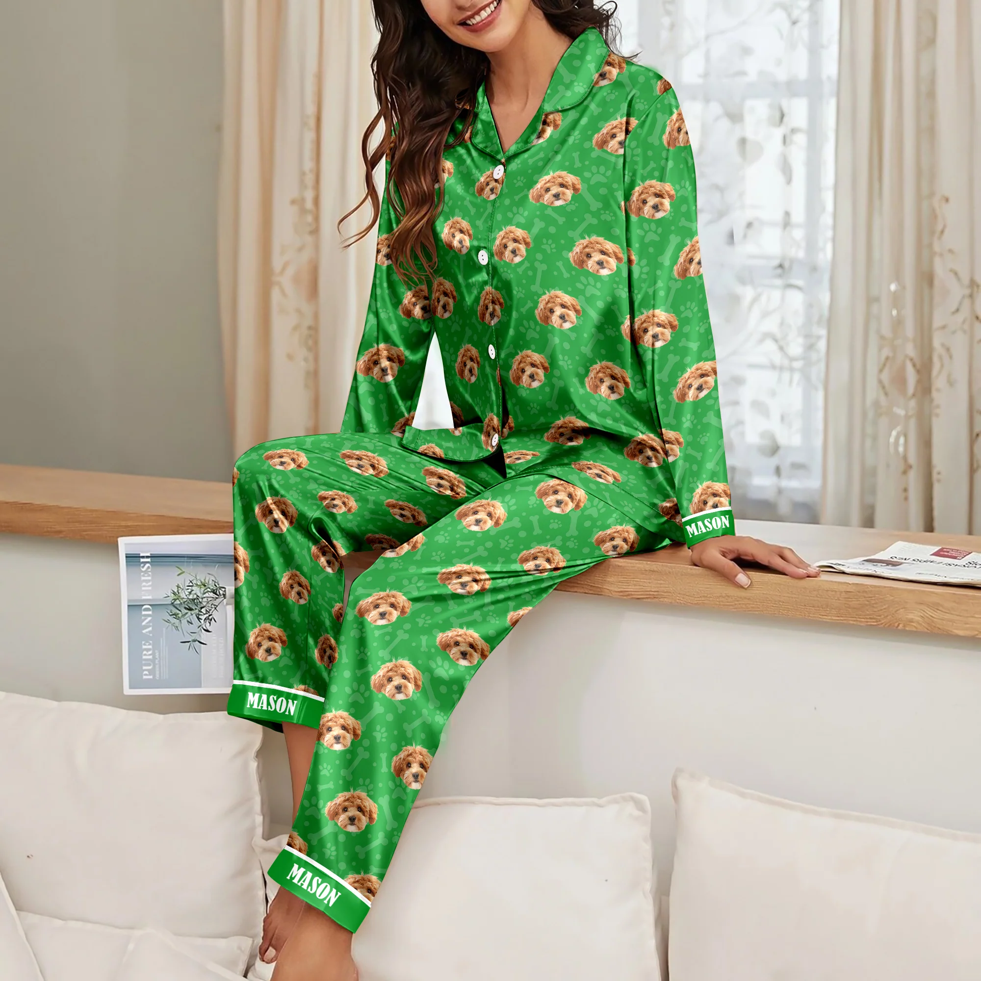 Custom Photo Dog Cat Christmas Satin Pajamas With Line TH10 894443 - Image 4
