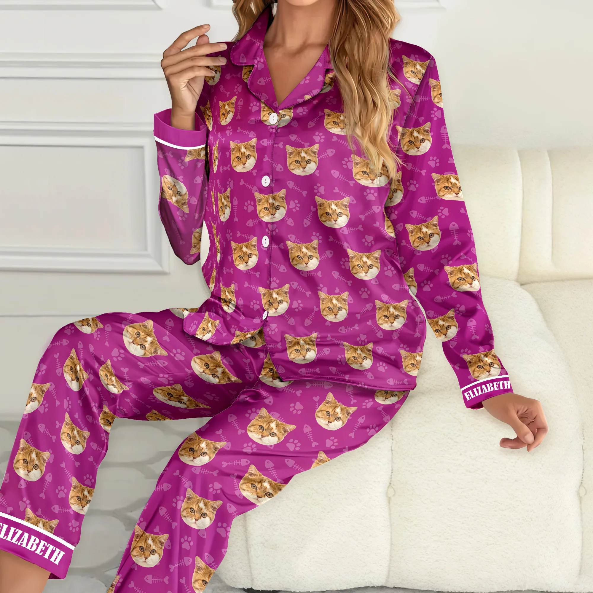 Custom Photo Dog Cat Christmas Satin Pajamas With Line TH10 894443 - Image 6