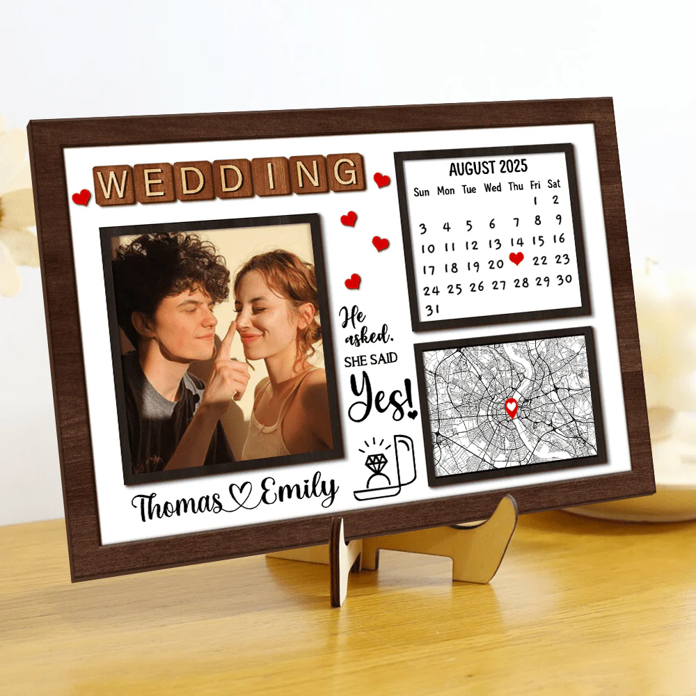 Custom Photo He Asked And She Said Yes 2-Layered Wooden Plaque With Stand TH10 892303 - Image 3