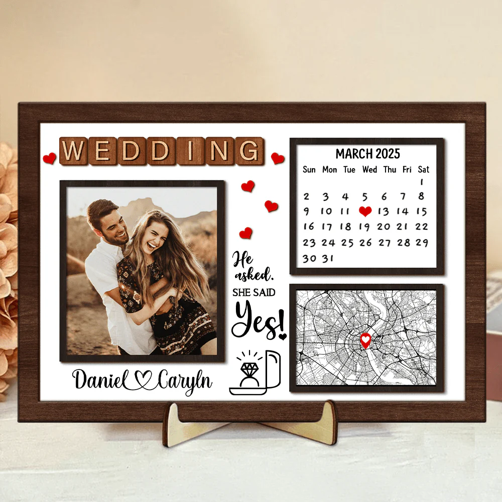 Custom Photo He Asked And She Said Yes 2-Layered Wooden Plaque With Stand TH10 892303 - Image 4