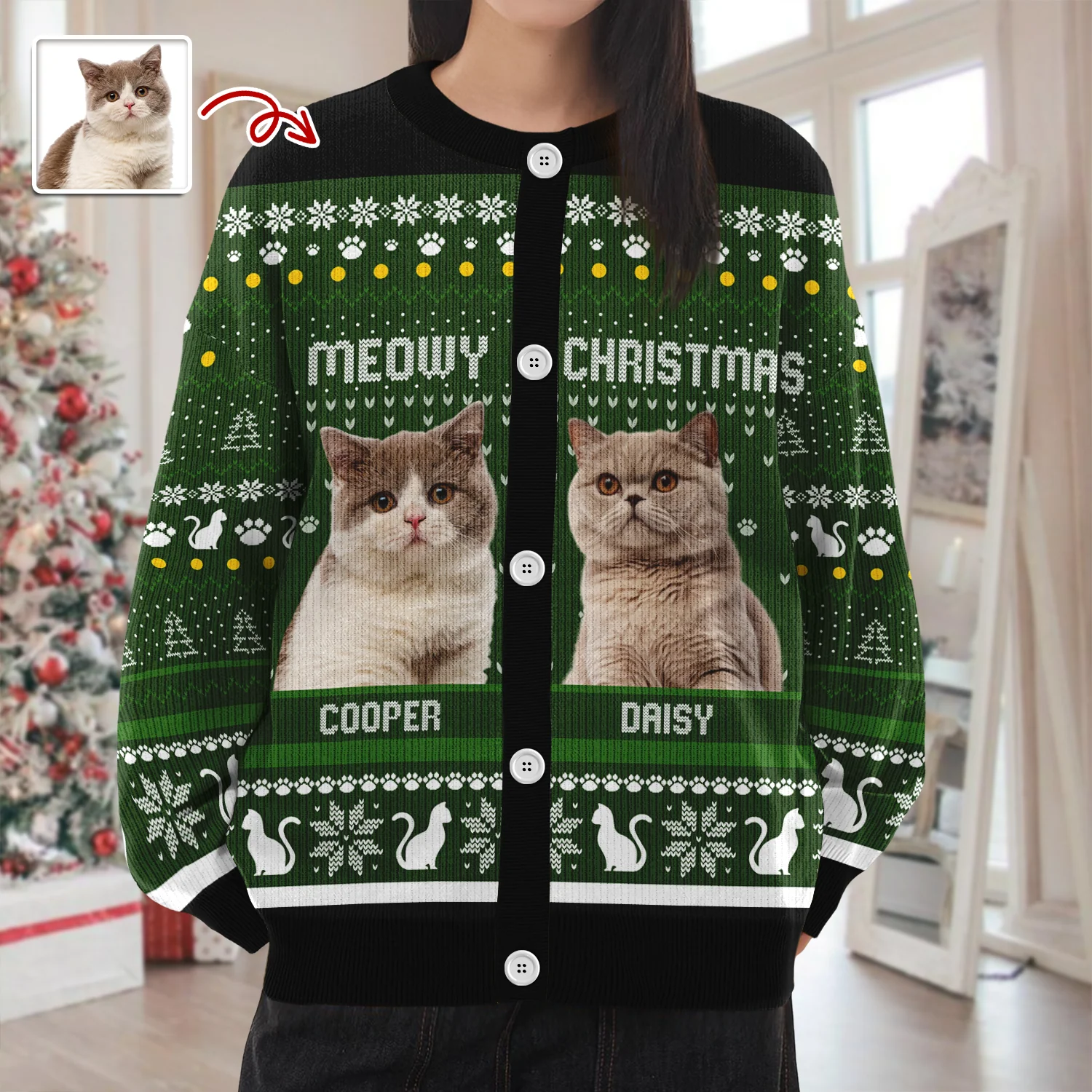 Custom Photo Meowy Christmas Ugly Cardigan For Cat Lover TH10 896575 - Image 2