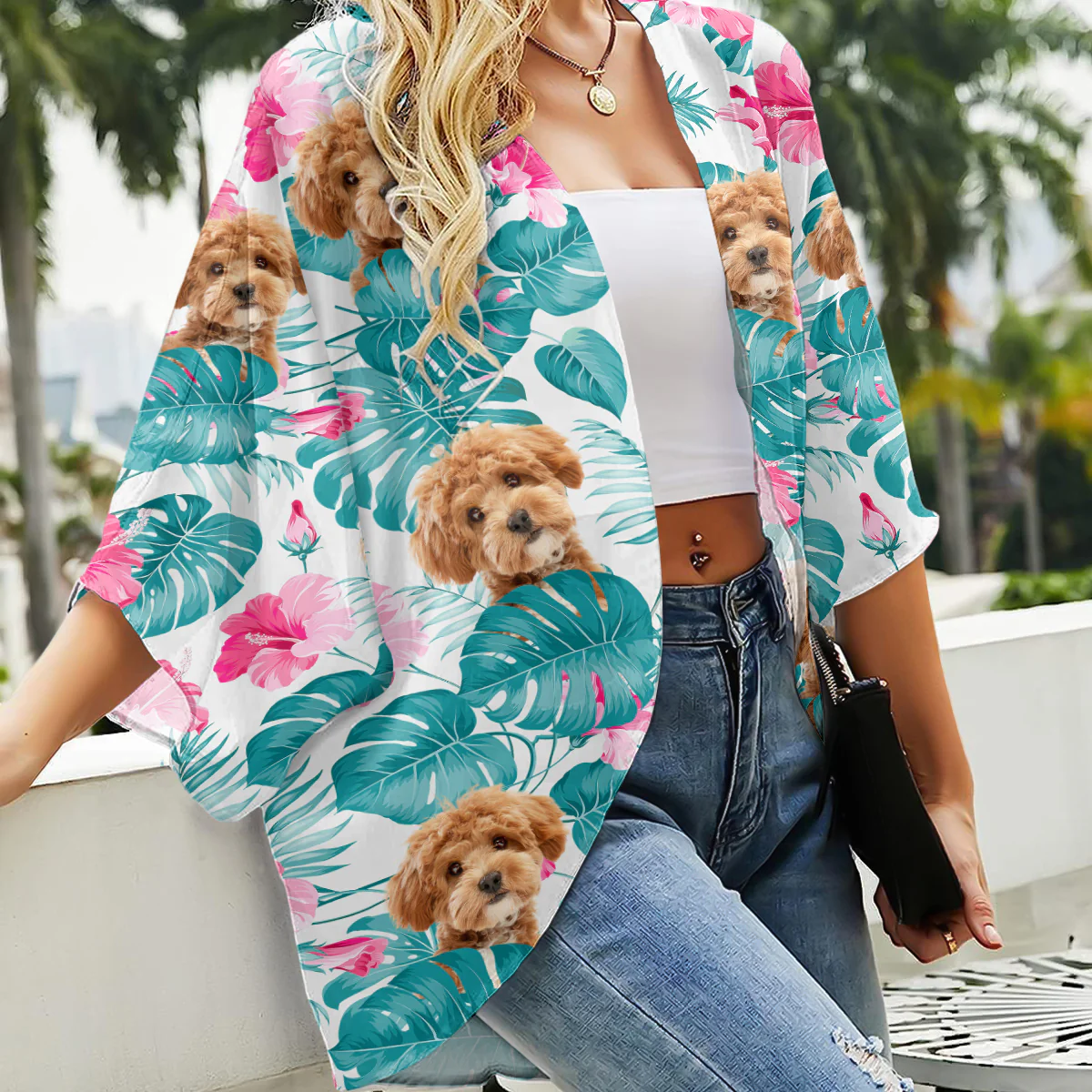 Custom Photo Tropical Leaves And Pet - Dog & Cat Personalized Kimono TH10 169513 - Image 2