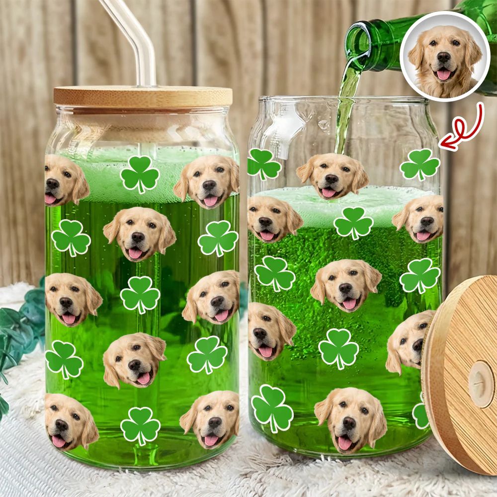 Custom Photo With Shamrock Leaf Glass Can With Lid TH10 898055 - Image 2