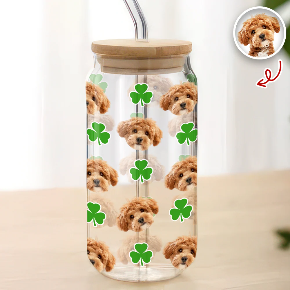 Custom Photo With Shamrock Leaf Glass Can With Lid TH10 898055 - Image 6