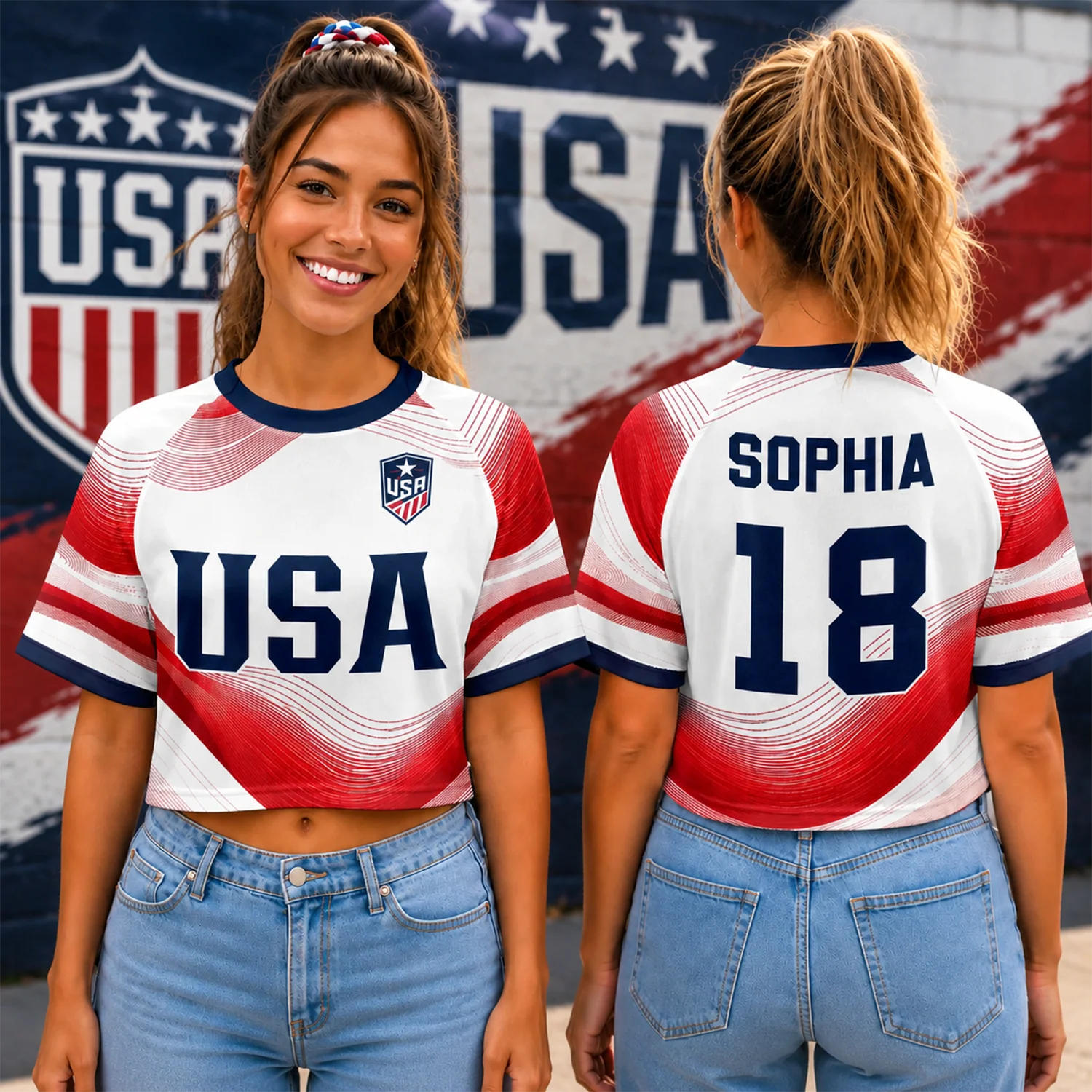 Custom Women's USA World Football Jersey Crop Tee TH10 170371