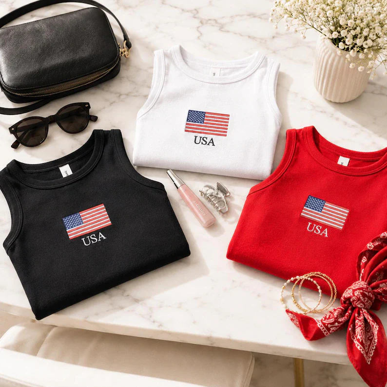 Embroidered American Flag Tank Top - Custom Patriotic 4th of July Crop Top TH10 170139 - Image 3