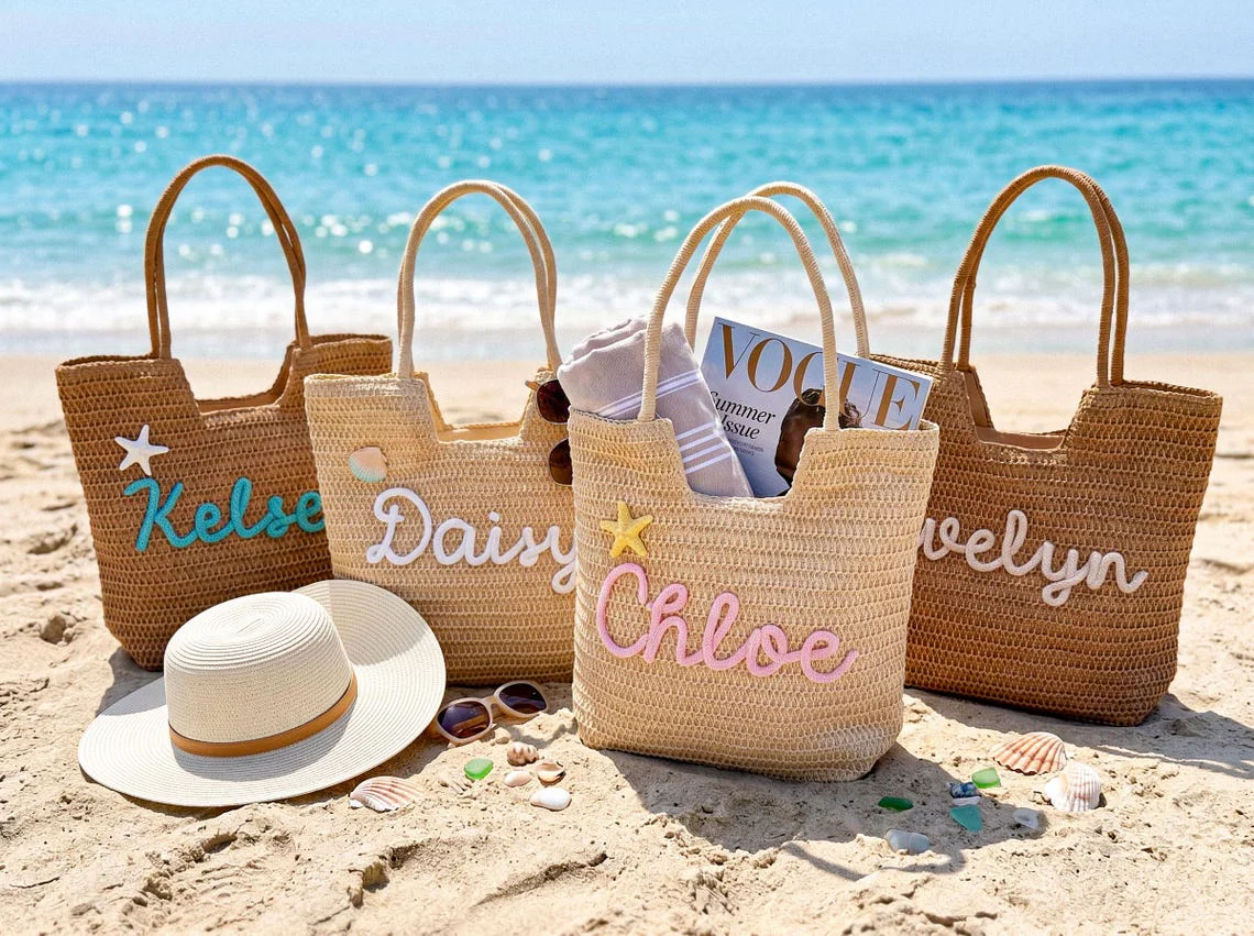 Personalized Straw Beach Tote, Bridesmaid Tote Bags, Girls Trip Pool Bag TH10 170443 - Image 3