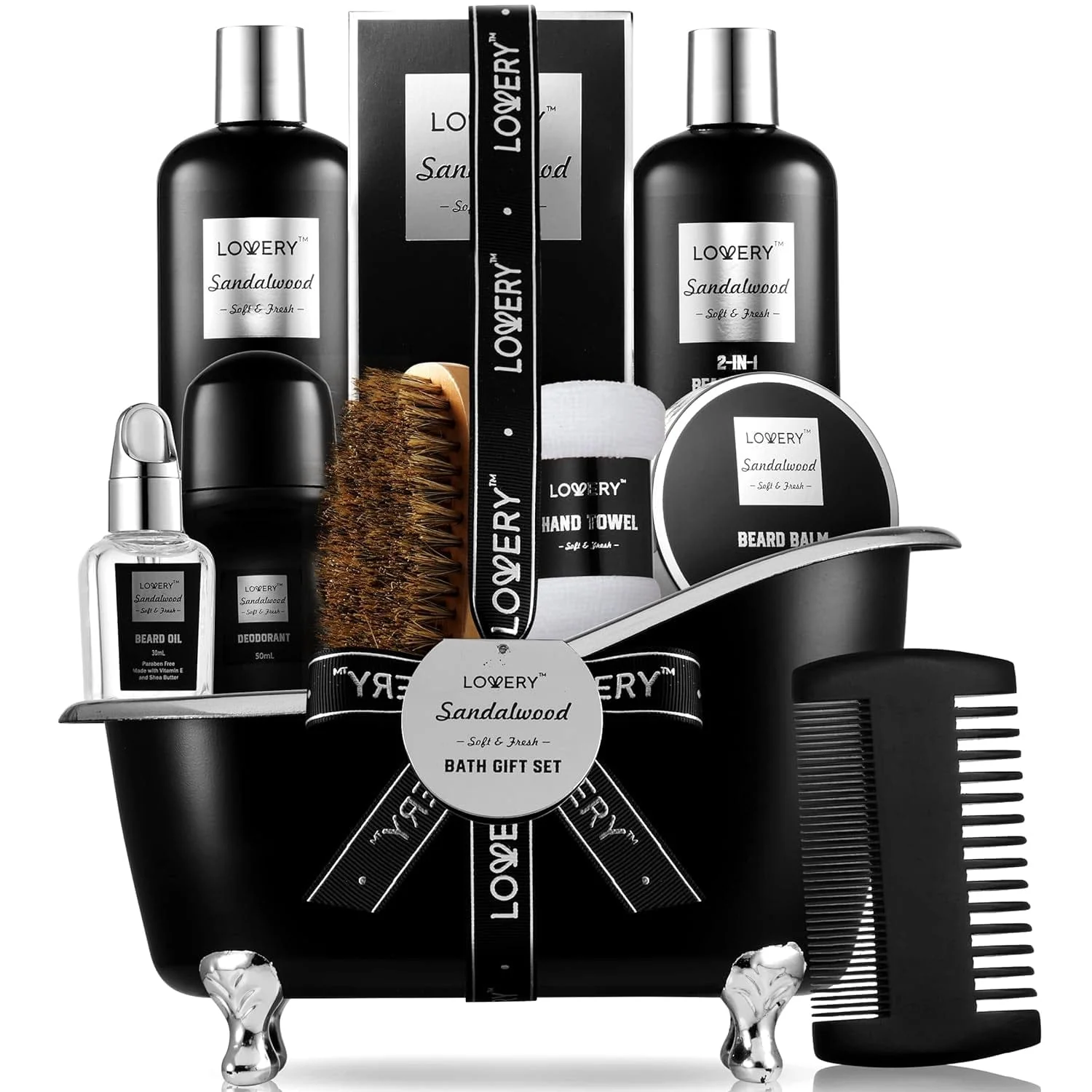 Fathers Day Gifts Beard Kit & Body Care Gifts for Men, Sandalwood Spa Gift Baskets, Mens Bath & Beard Grooming Kit for Him, Unique Birthday Gifts for Him with Beard Balm, Growth Oil, Deodorant & More