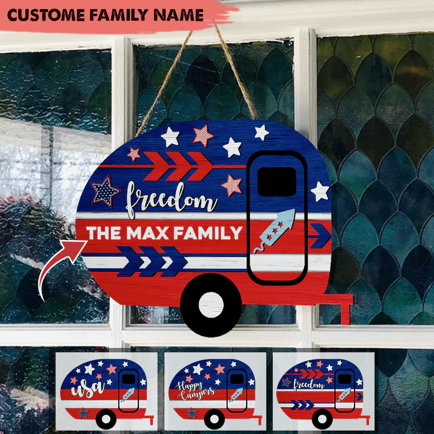 Happy Camper USA Flag Camping Wooden Door Sign K228 HN590 - Image 3