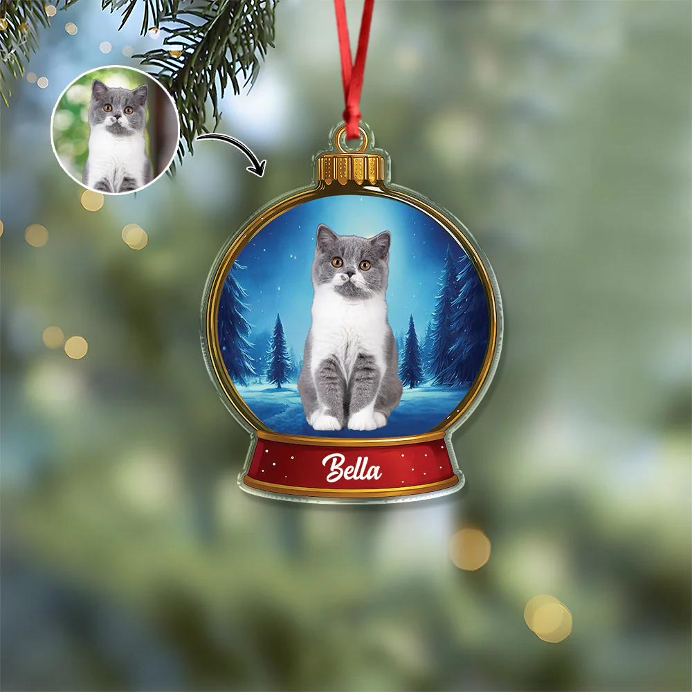 Custom Cat Photo Snow Globe With Name Acrylic Ornament Christmas Gift For Cat Lover CH07 896836 - Image 2