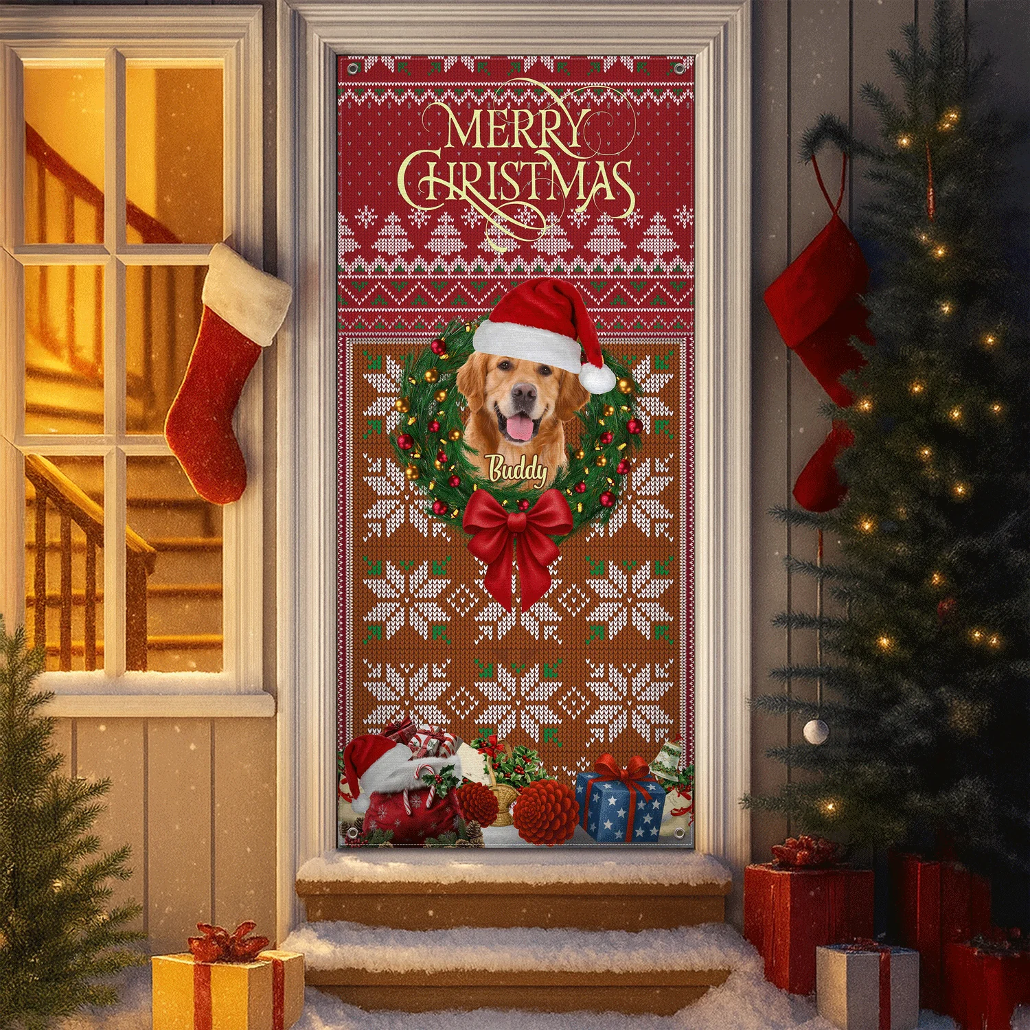 Custom Dog Photo In Wreath Christmas Door Cover Gift For Dog Lovers HO82 900316 - Image 2