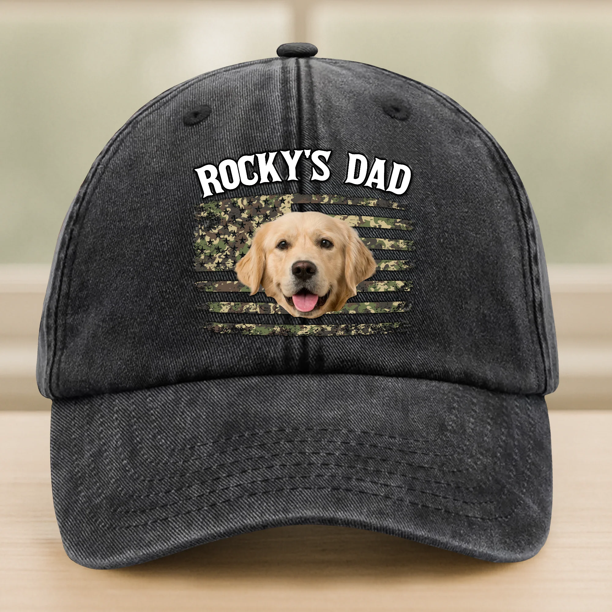Custom Photo America Dog Dad Washed Denim Baseball Cap CH07 896014 - Image 2