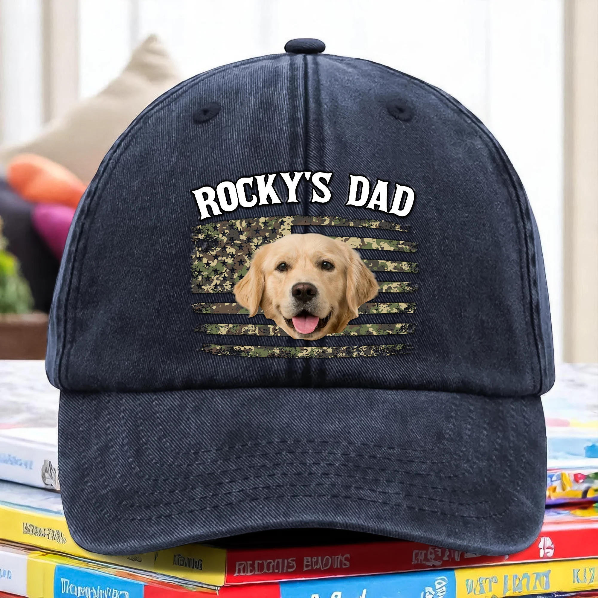 Custom Photo America Dog Dad Washed Denim Baseball Cap CH07 896014 - Image 3