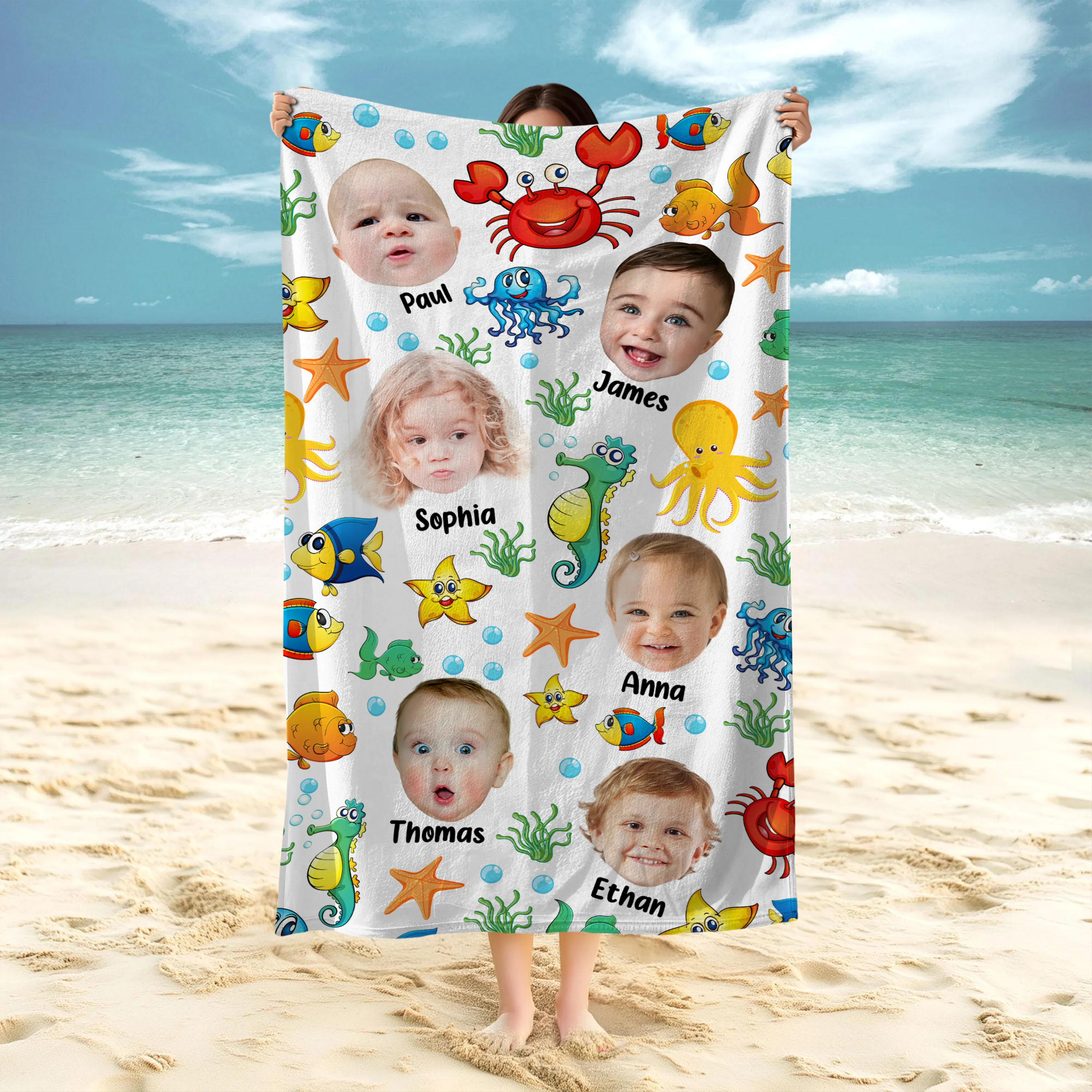 Custom Photo Cute Kid Face Watercolor Sea Creatures Summery Beach Towels CH07 895818 - Image 6