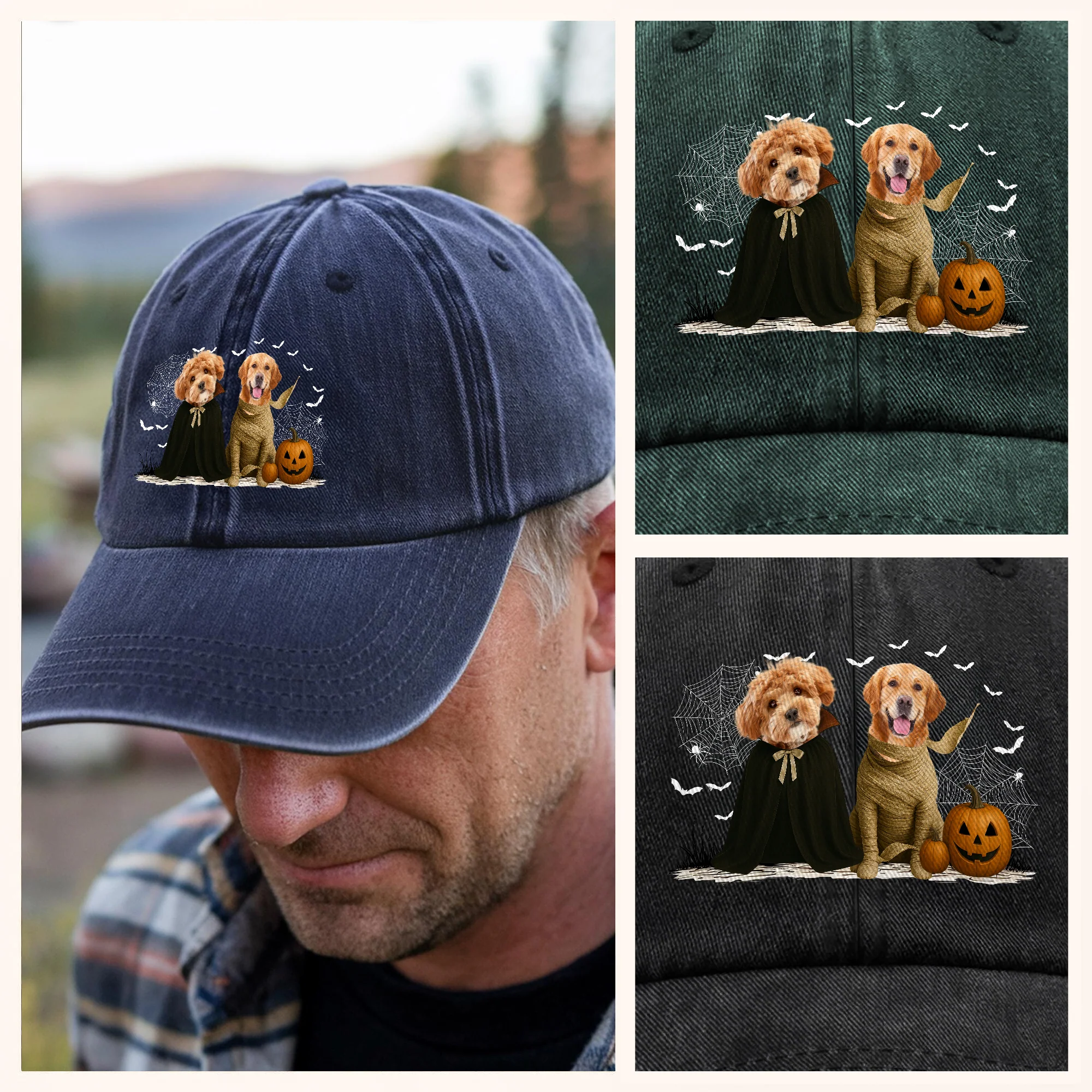Custom Photo Gothic Halloween Washed Denim Baseball Cap For Dog Lovers TH10 896157 - Image 3