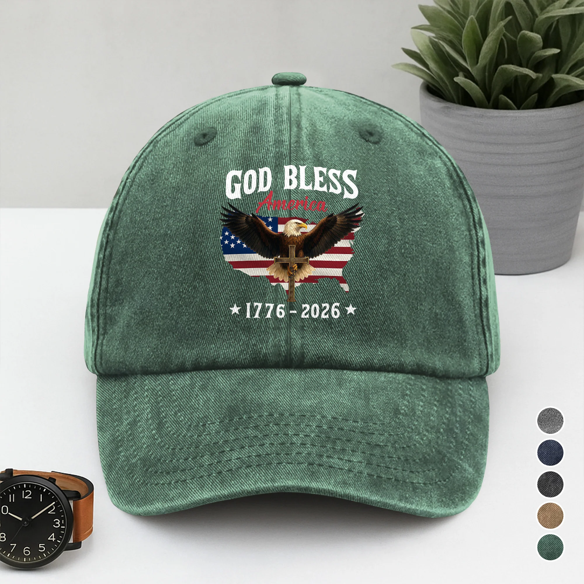 Patriotic 250th Anniversary God Bless America Eagle 1776–2026 Washed Denim Baseball Cap HO82 900978 - Image 6