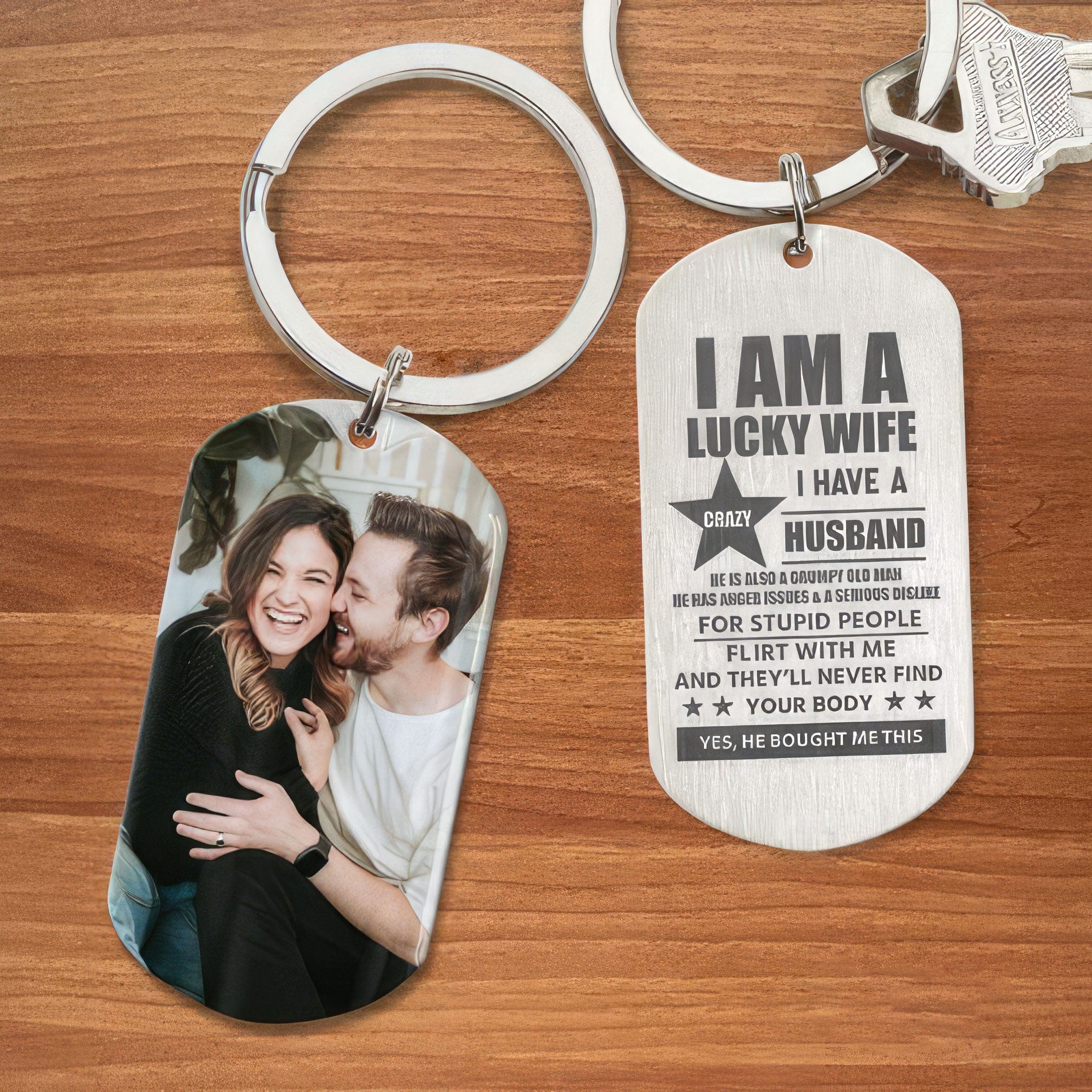 I Am A Lucky Wife Of A Crazy Husband Couple Metal Keychain HN590 - Image 2