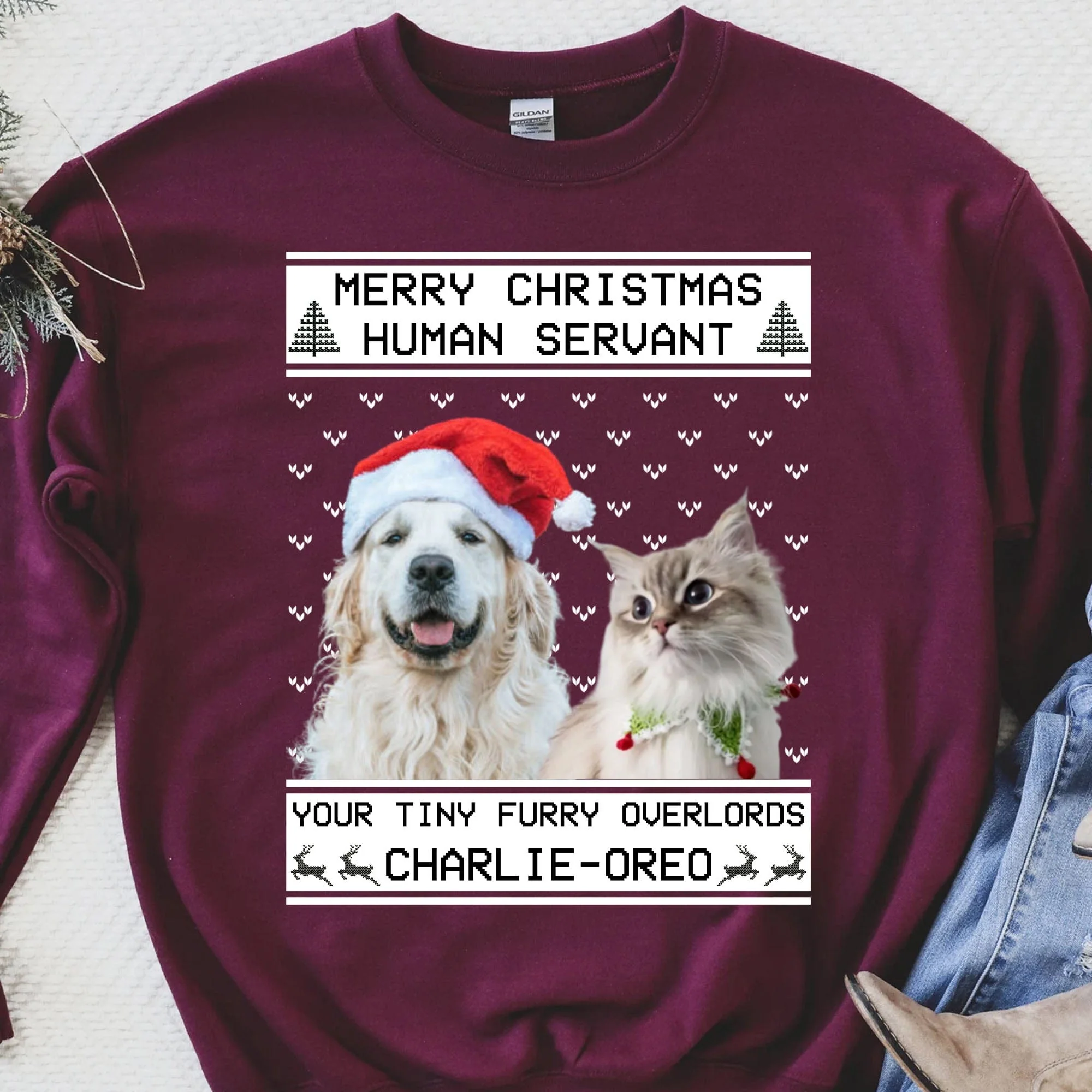 Merry Christmas Human Servant Personalized Custom Photo Cat Sweatshirt, Cat Lover Sweater Christmas C477 - Image 3
