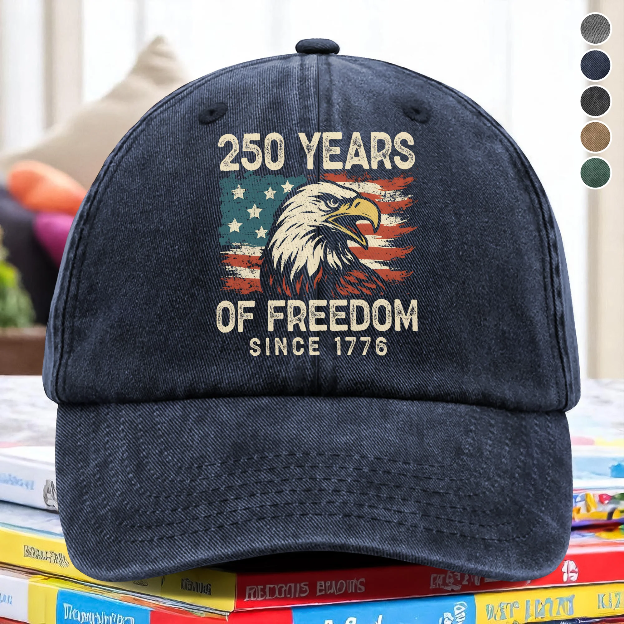 250 Years Of Freedom Since 1776 USA Bald Eagle America Flag Washed Denim Baseball Cap HA75 897380 - Image 5