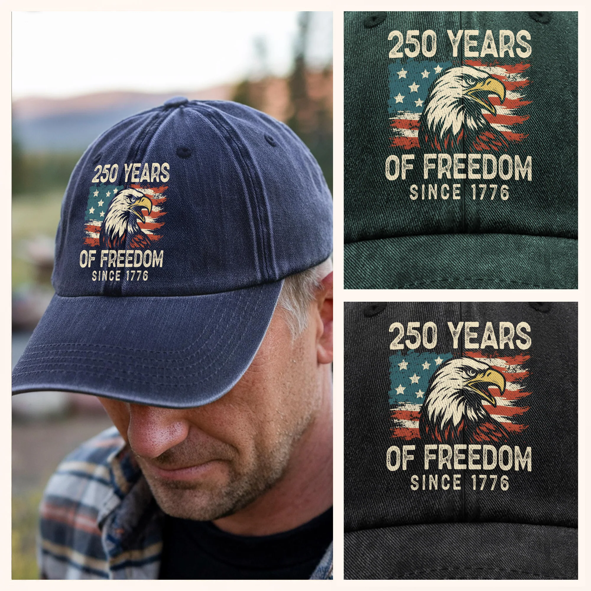 250 Years Of Freedom Since 1776 USA Bald Eagle America Flag Washed Denim Baseball Cap HA75 897380 - Image 6