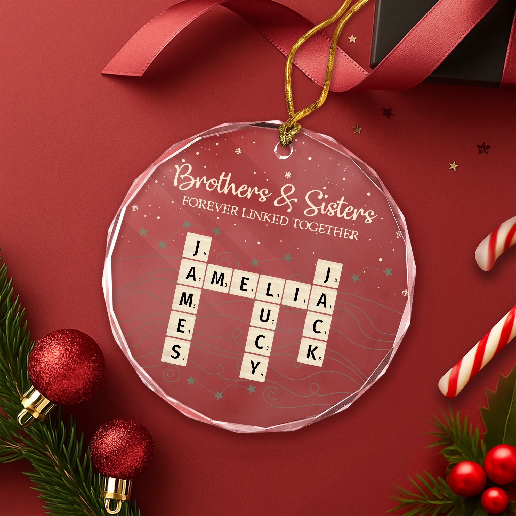 Brothers & Sisters Forever Linked Together Crossword Puzzle Art Personalized Glass Ornament HA75 898150 - Image 4