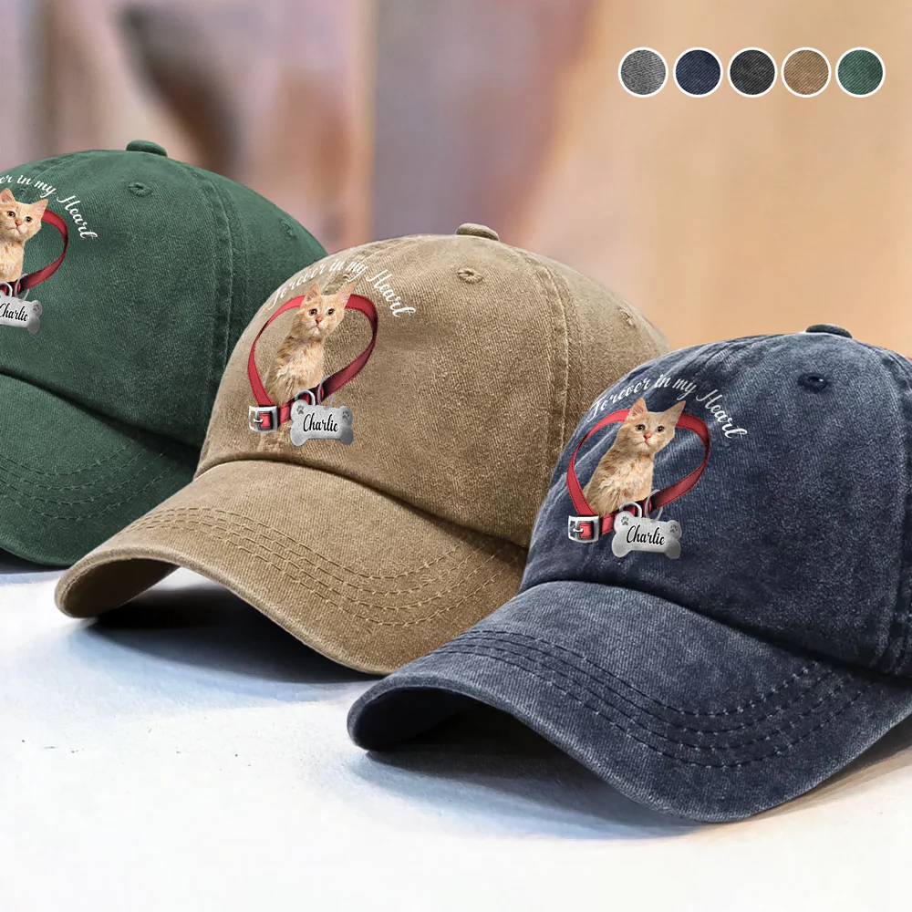 Custom Cat Photo Forever In My Heart Memorial Washed Denim Baseball Cap HA75 897224 - Image 5