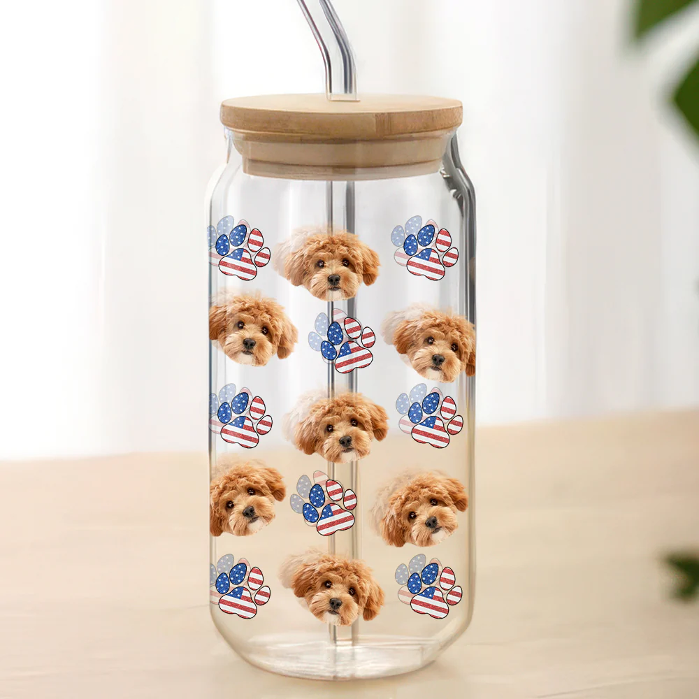 Custom Dog Cat Pet Photo With Icon US Flag Glass Can With Lid Gift for Pet Lovers HA75 920330 - Image 3