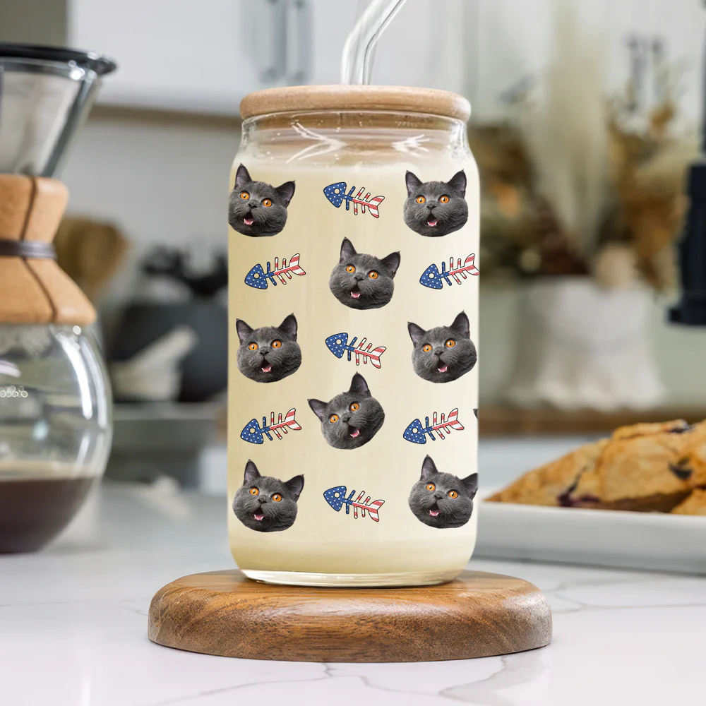 Custom Dog Cat Pet Photo With Icon US Flag Glass Can With Lid Gift for Pet Lovers HA75 920330 - Image 8