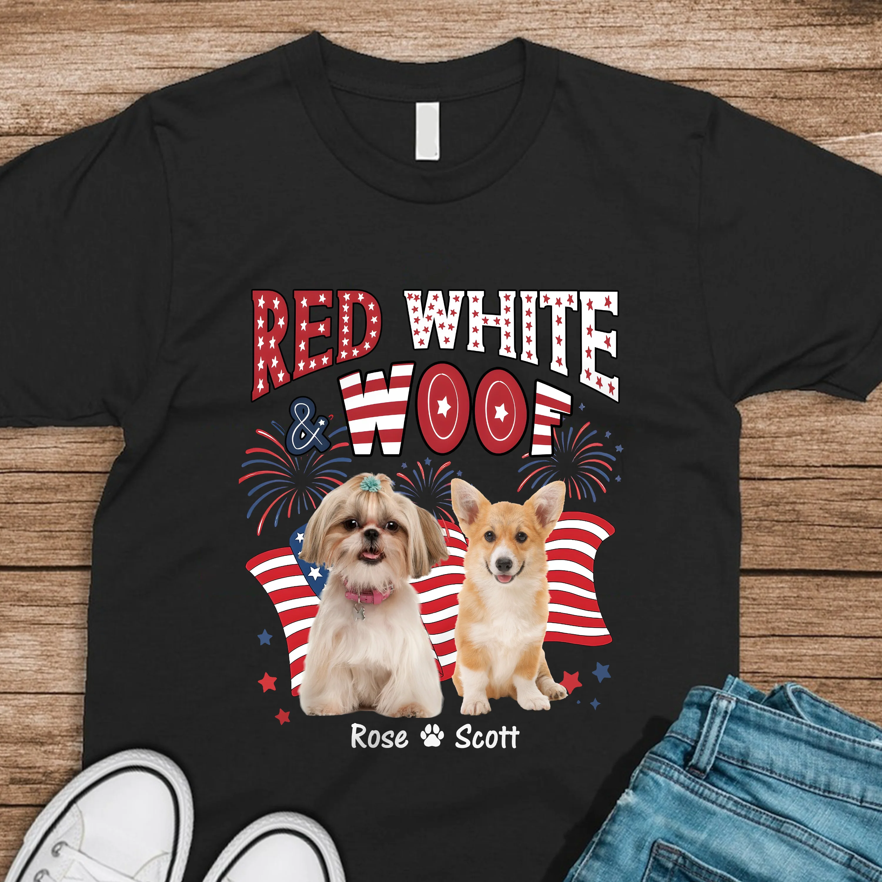 Custom Dog Photo Red White Woof Dark Shirt HA75 892642 - Image 6